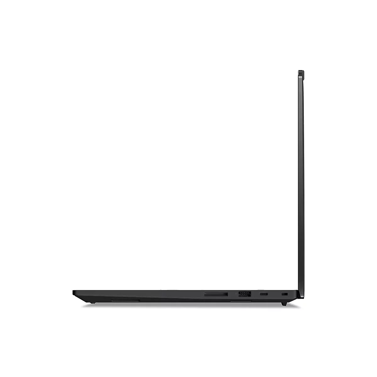 Schwarzes Laptop-Seitenprofil, das auf einer weißen Oberfläche platziert ist. Das Gerät ist geschlossen und zeigt Anschlüsse.