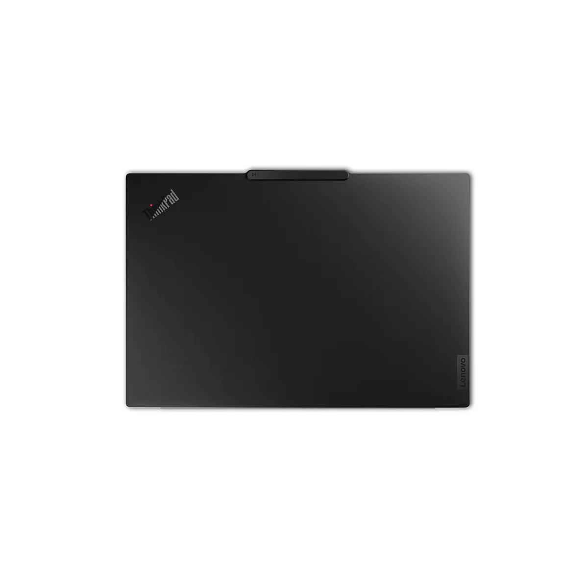 Schwarzes Laptop, Draufsicht. Thinkpad Logo links oben, Lenovo Logo rechts unten.