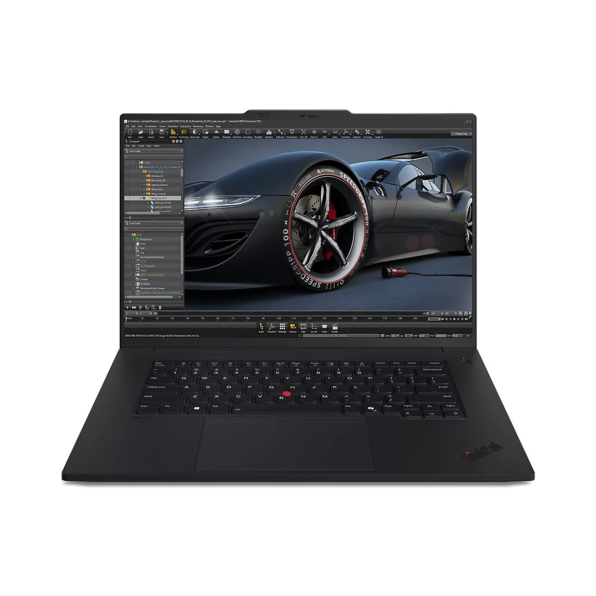 Schwarzes Thinkpad-Laptop, auf dem ein Autodesign-Programm mit einem Rendering eines schwarzen Sportwagens angezeigt wird. Das Laptop-Gehäuse und die Tastatur sind schwarz.