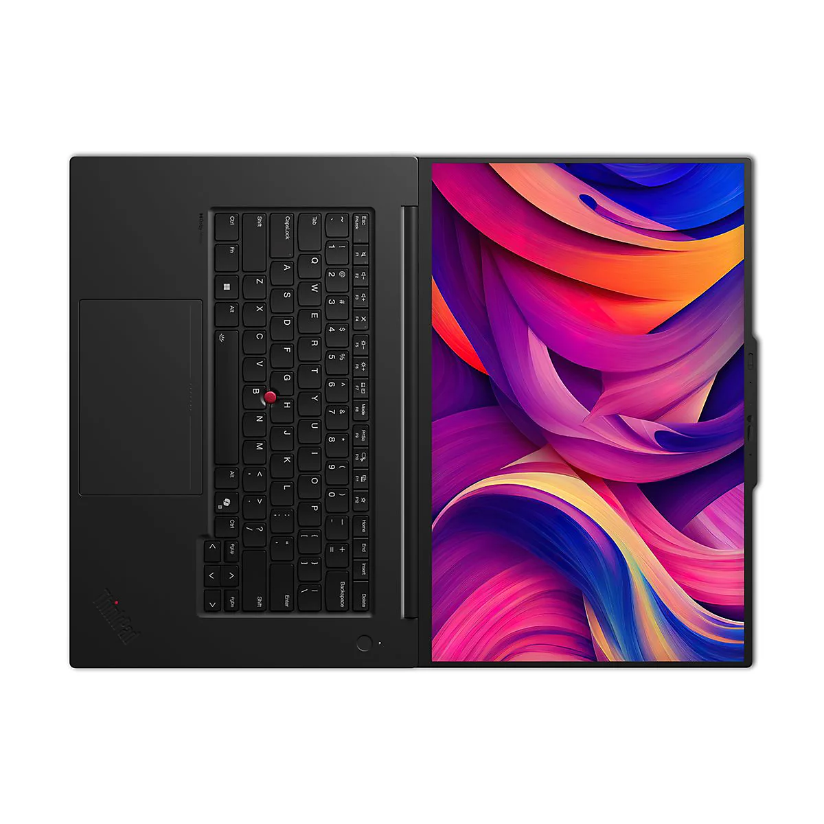 Schwarzes ThinkPad Laptop, Ansicht von oben. Geöffnet, Bildschirm mit abstraktem Muster. Tastaturdetails sichtbar.