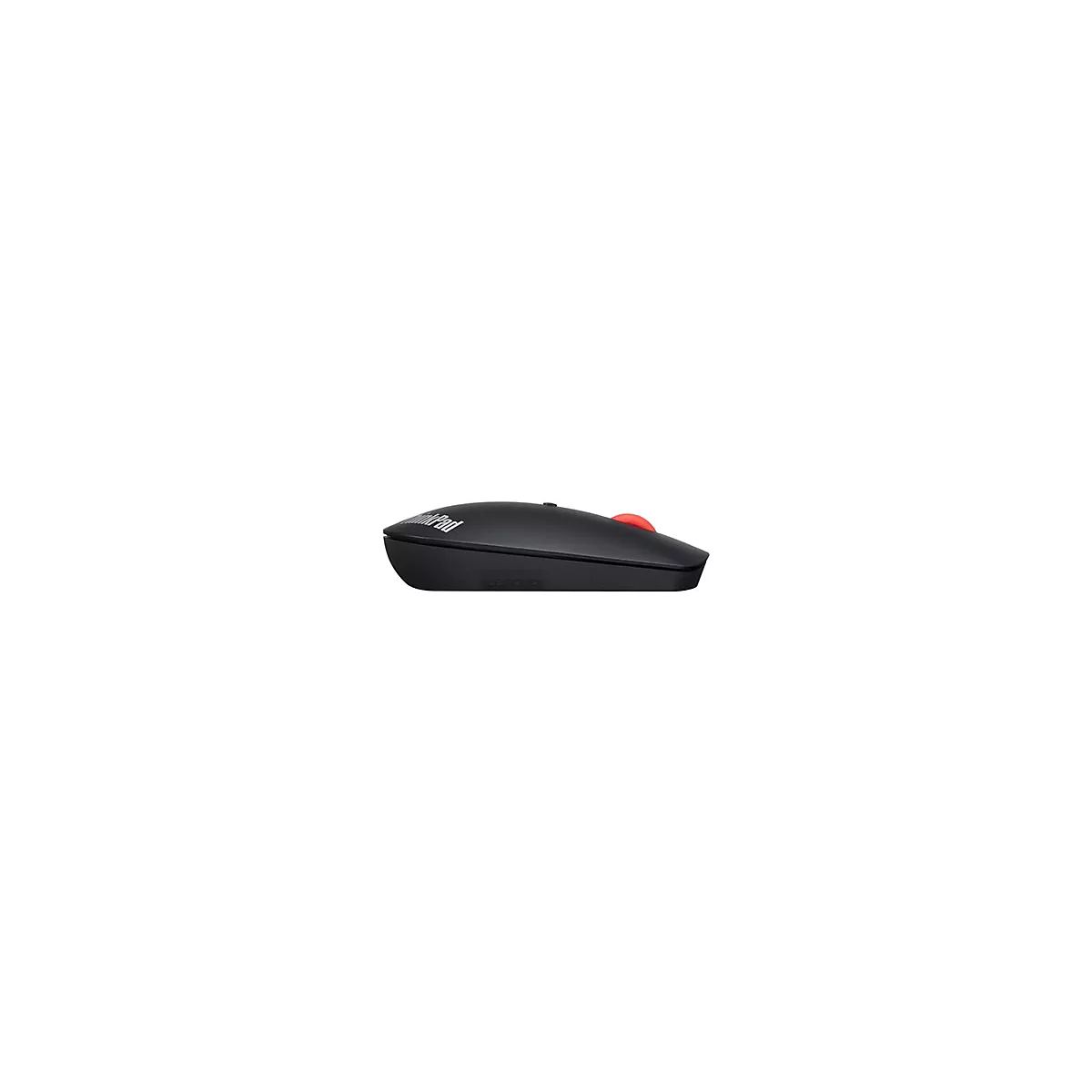 Souris Lenovo ThinkPad noire avec molette de défilement rouge sur fond blanc.