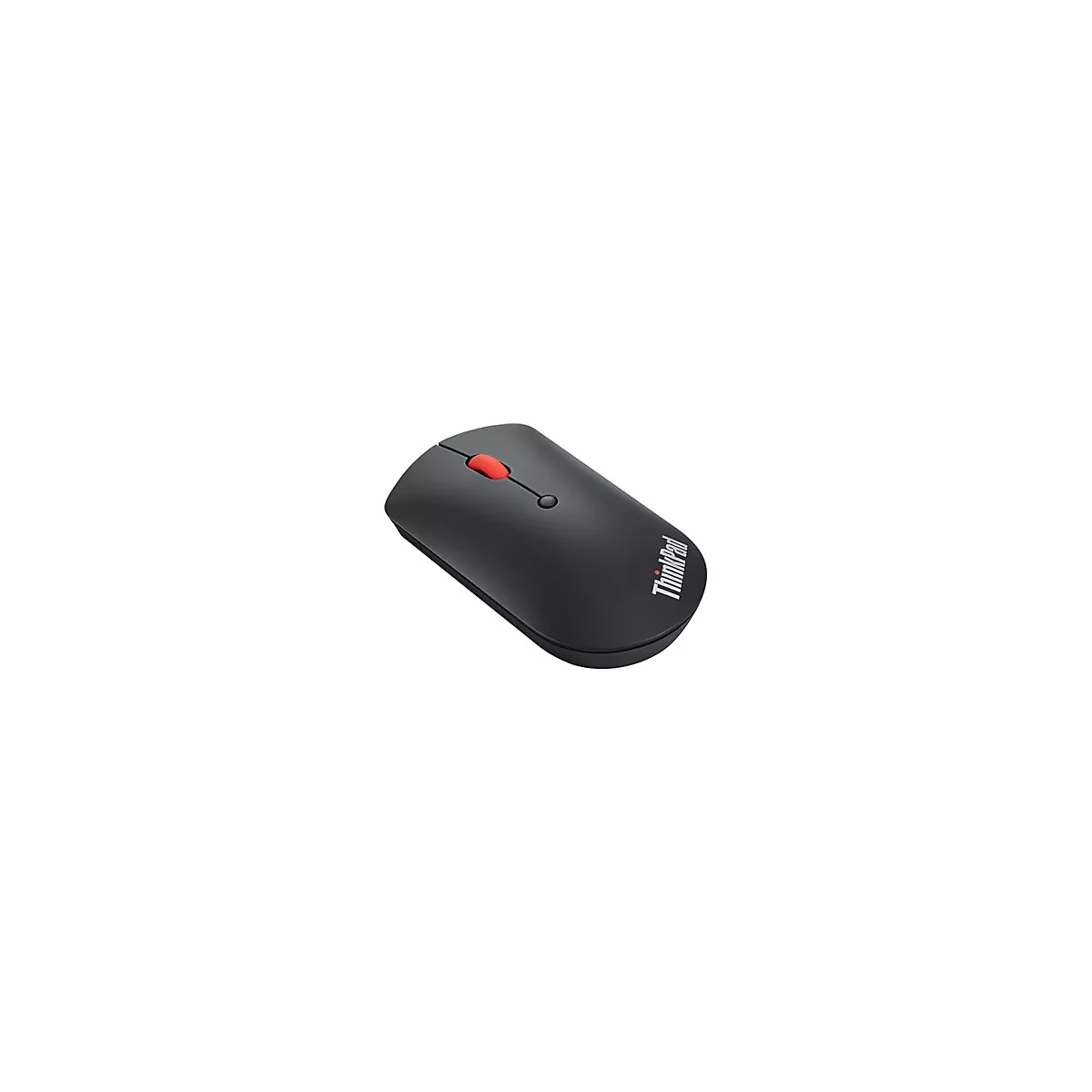 Souris ThinkPad noire avec bouton de molette rouge, lettrage ThinkPad blanc.