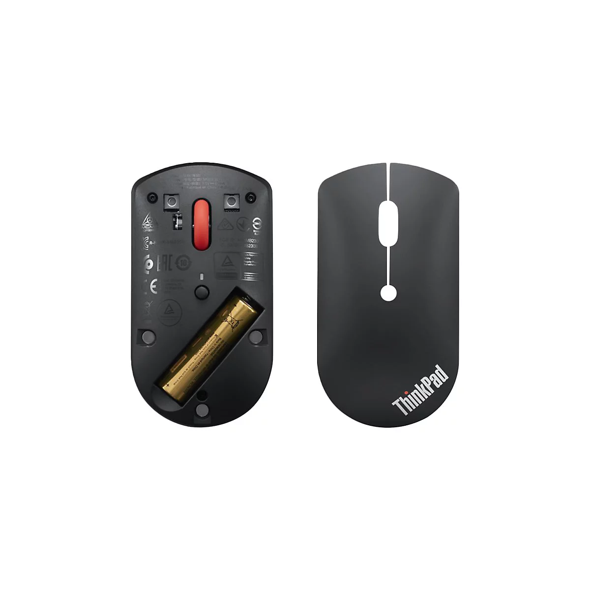 Souris noire sans fil, dessous avec batterie et informations du fabricant, dessus avec logo et boutons de souris.