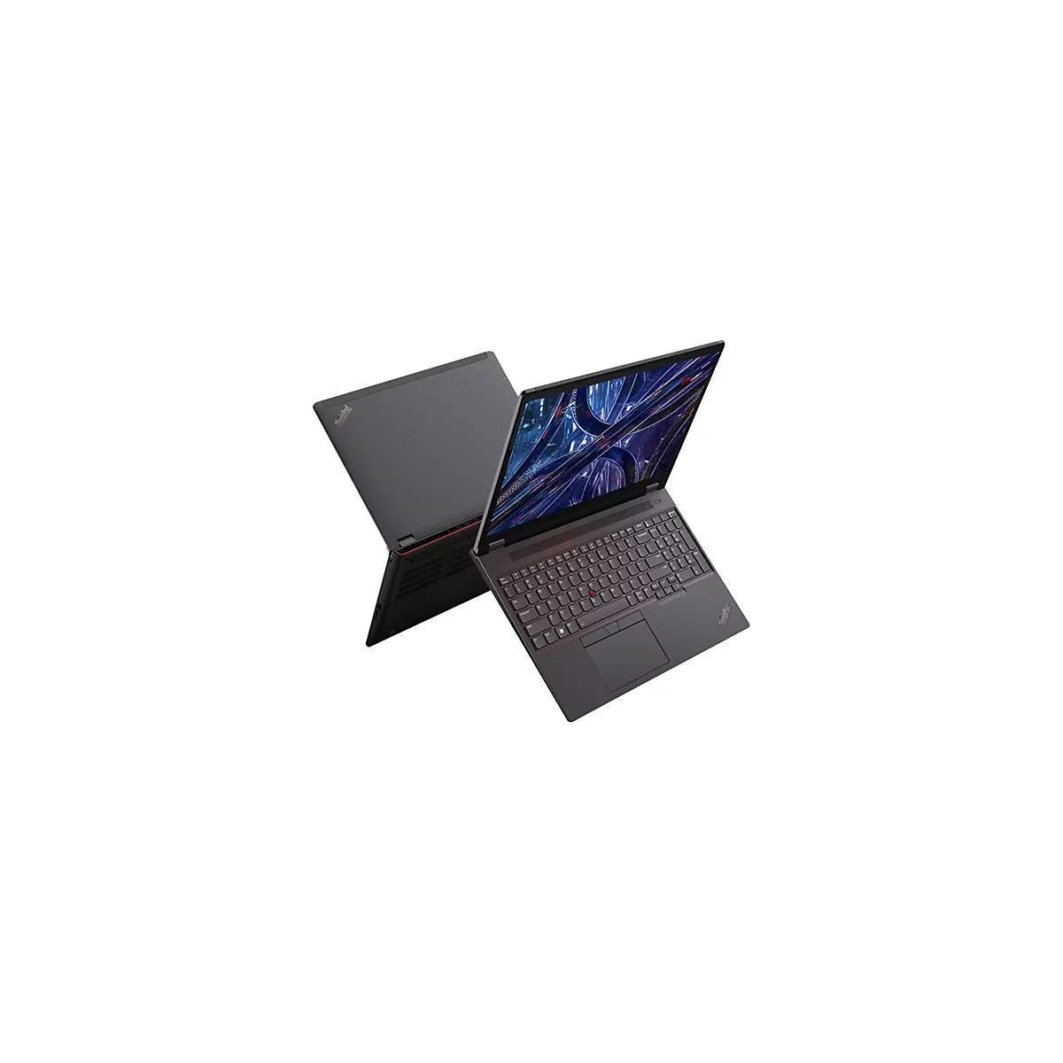Dunkelgraues Notebook, teilweise geÃ¶ffnet, mit roter Akzentlinie. Tastatur, Touchpad und Bildschirm sind gut sichtbar. HintergrÃ¼nde sind weiÃŸ.