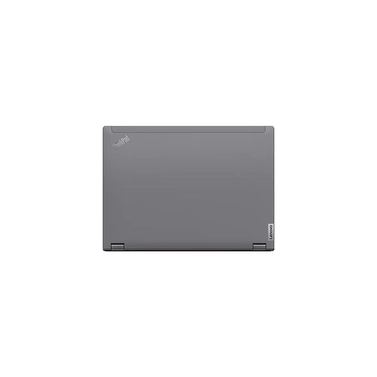 Grauer Laptopdeckel mit ThinkPad- und Lenovo-Logo. Beide Ecken zeigen Scharniere.