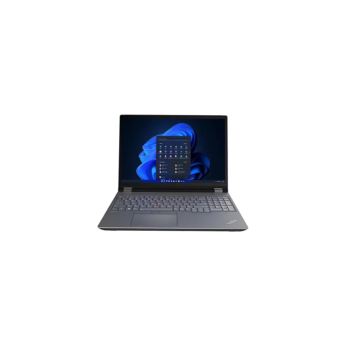 Dunkelgrauer Laptop, Display mit Windows-Hintergrund. Tastatur, Touchpad und roter Trackpoint. Das Logo ThinkPad ist sichtbar.