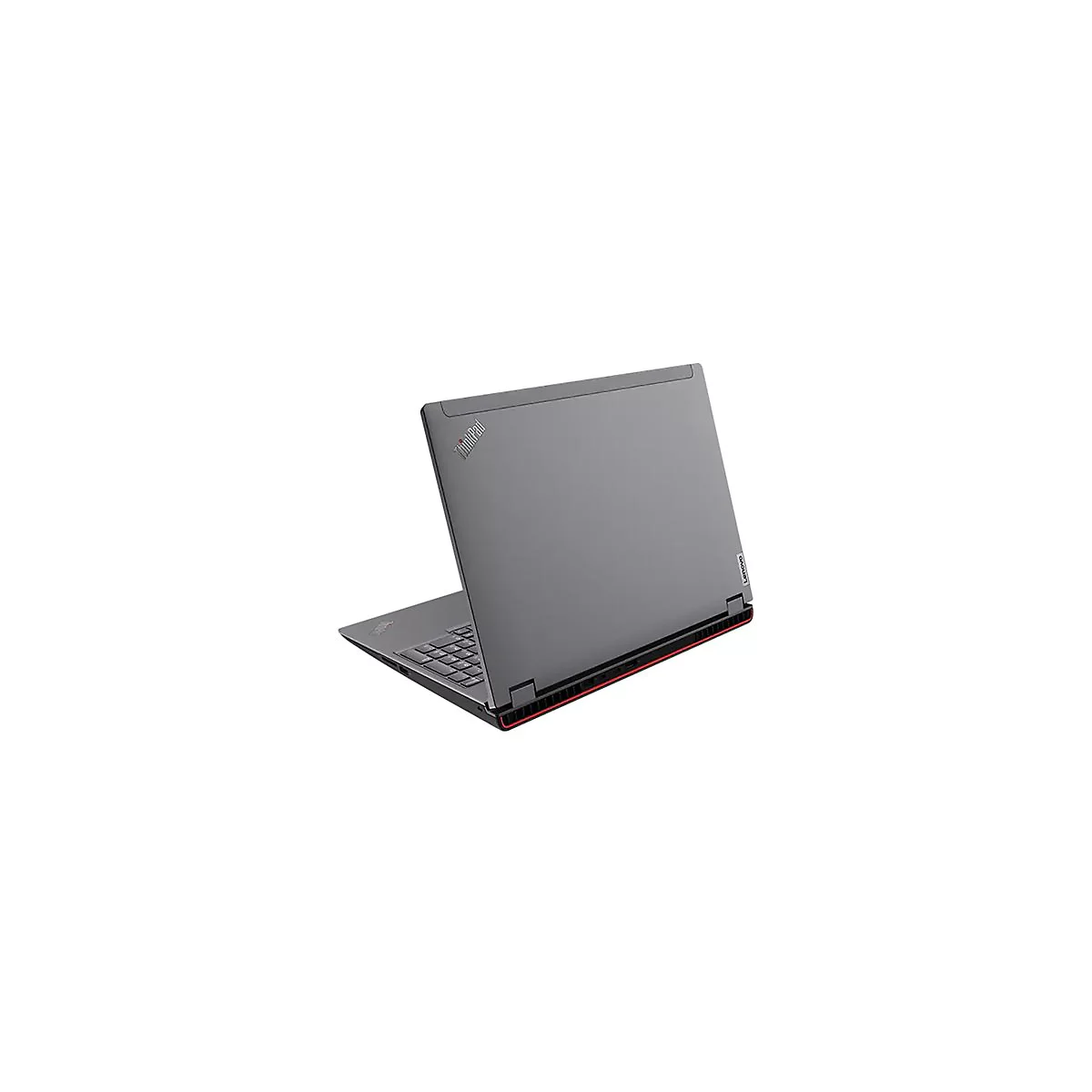 Dunkelgrauer Laptop, Thinkpad-Logo, roter Akzent. Aufgeklappt, Tastatur sichtbar.