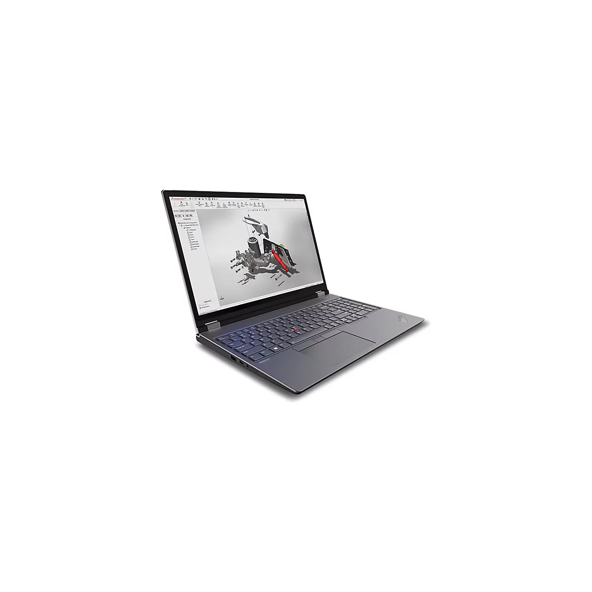 Grauer Laptop mit geÃ¶ffnetem Display, zeigt 3D-Konstruktionssoftware mit technischen Zeichnungen. Tastatur, roter Trackpoint, weiÃŸer Hintergrund.