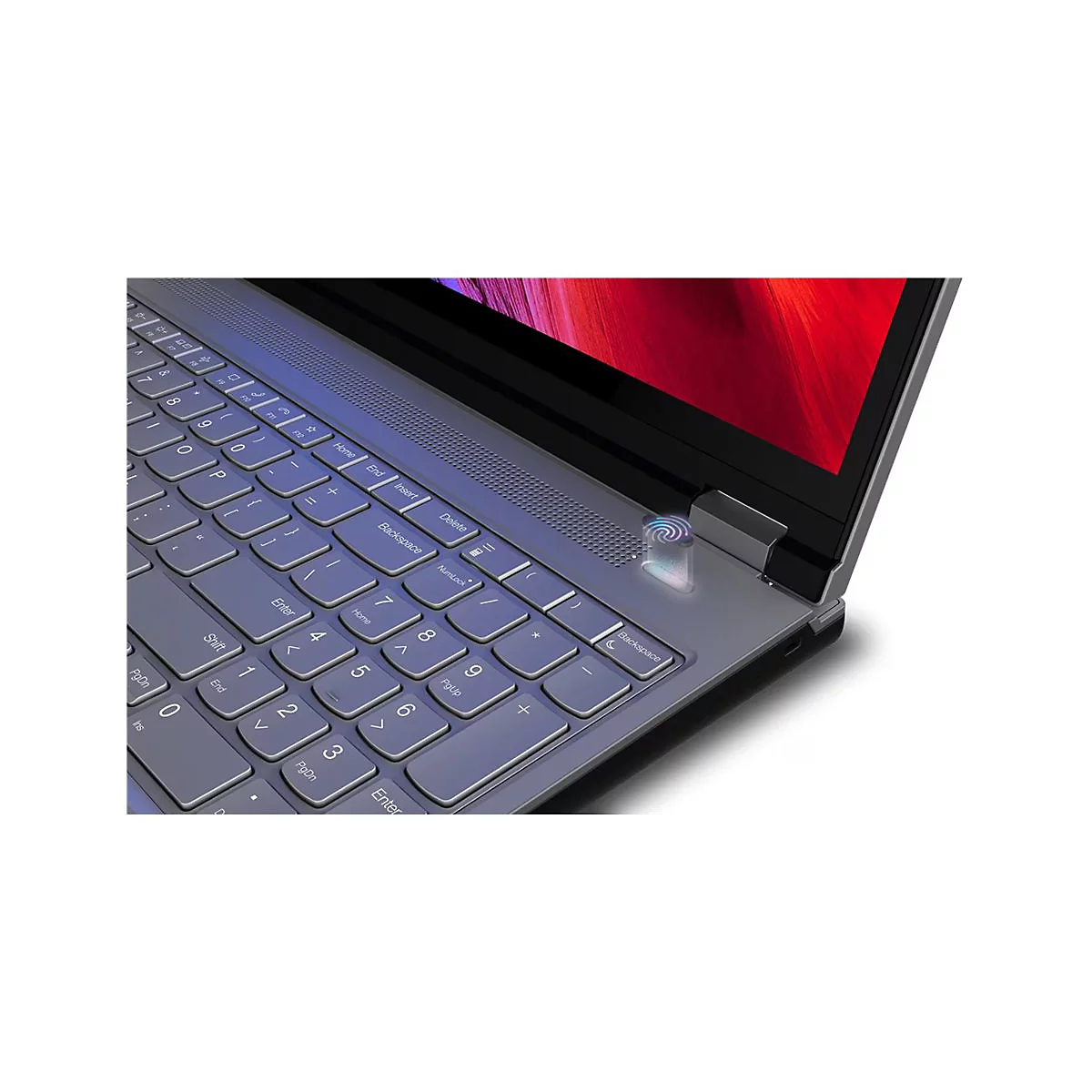 Nahaufnahme eines Laptops mit Tastatur und rotem Bildschirm. Der Fingerabdrucksensor ist gut sichtbar.