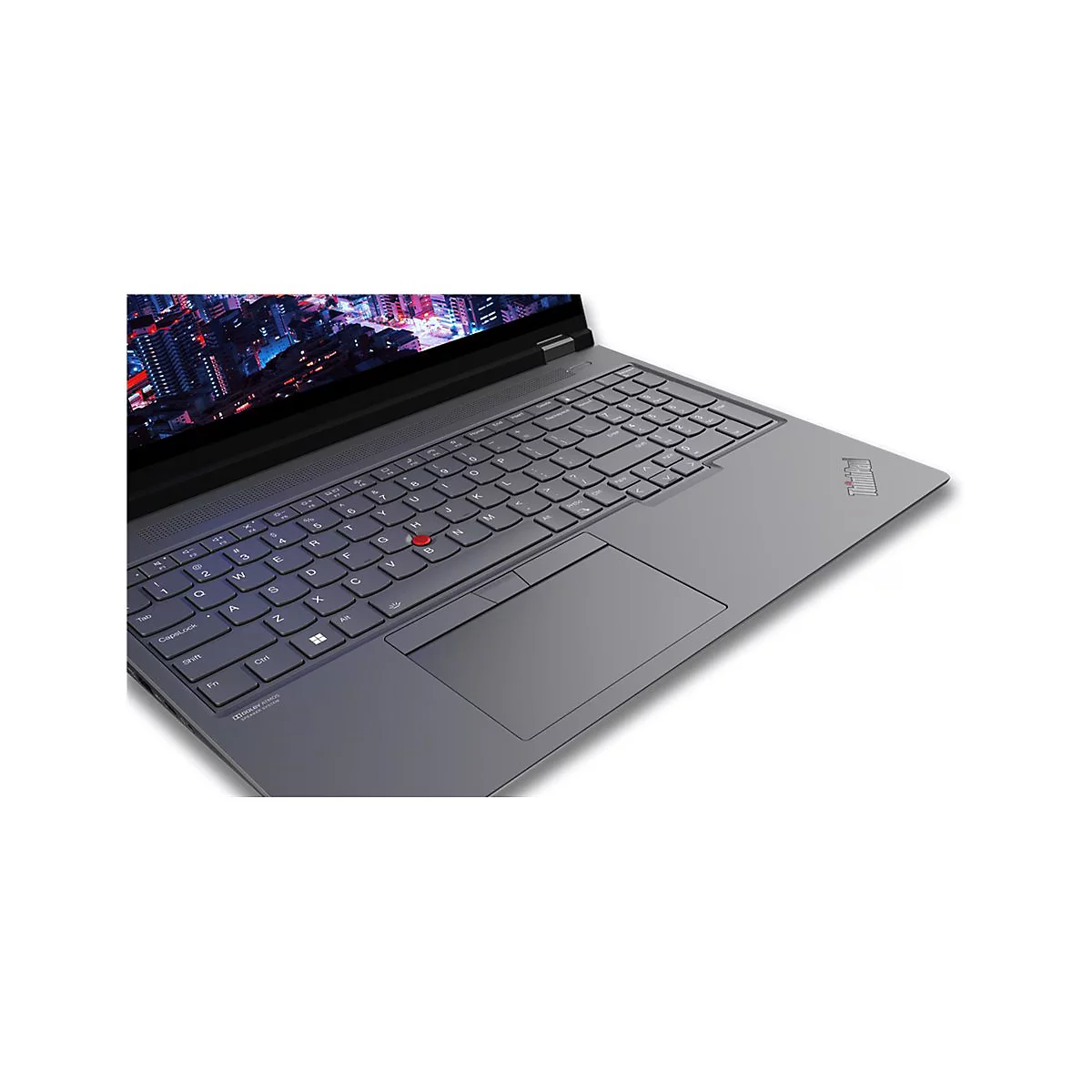 Draufsicht auf ein graues Laptop, Tastatur mit rotem TrackPoint, weiÃŸer Hintergrund.