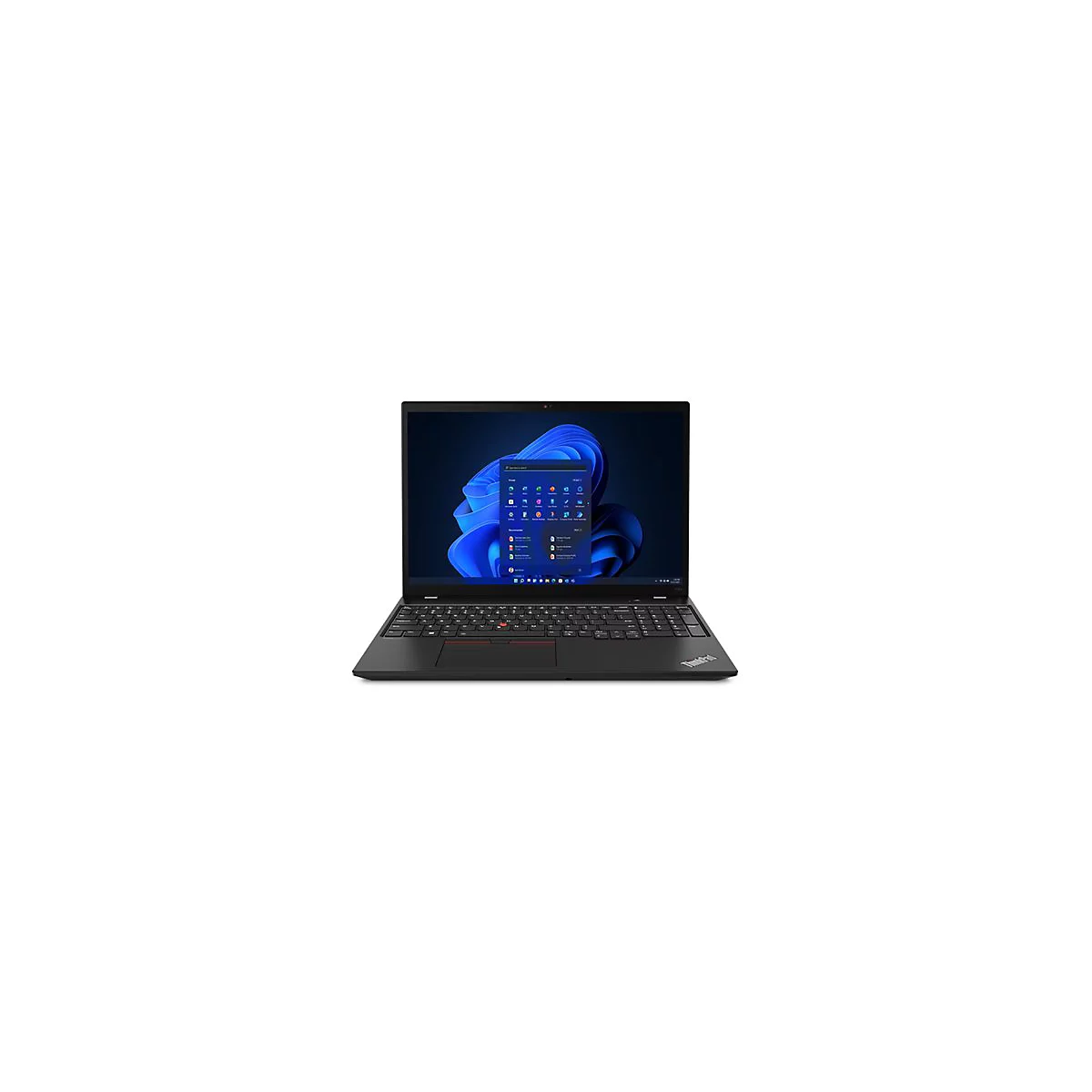 Schwarzes Laptop mit Windows 11-OberflÃ¤che. Die Tastatur hat einen roten Trackpoint in der Mitte.