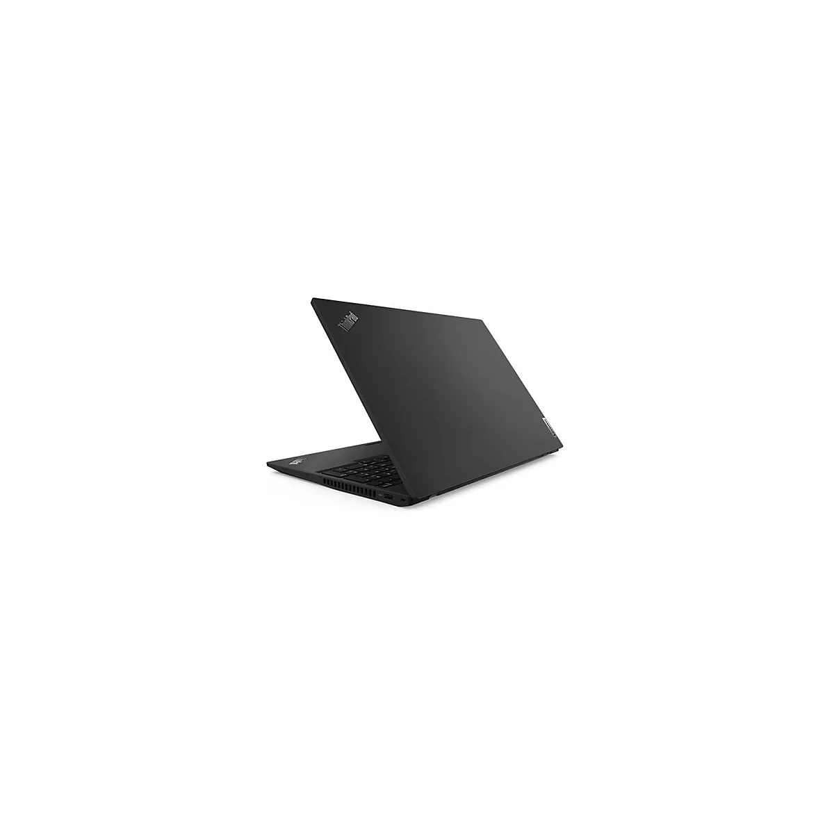 Schwarzer Laptop, teilweise geÃ¶ffnet, vor weiÃŸem Hintergrund. Auf dem Deckel befindet sich ein Logo.