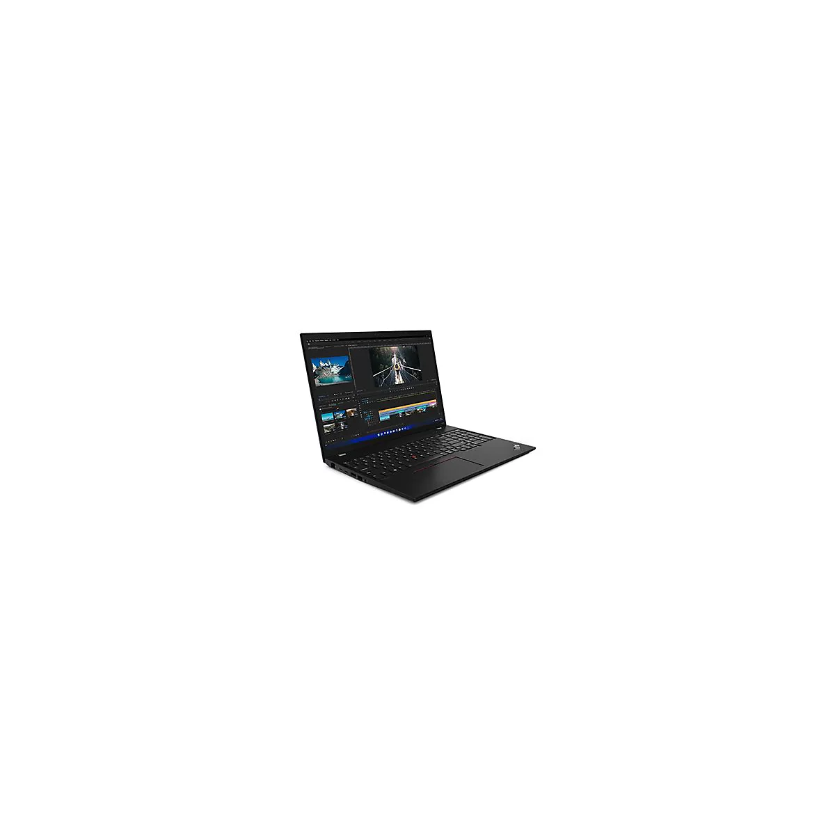 Schwarzes Laptop, geÃ¶ffnet mit Video-Editing-Software. Der Bildschirm zeigt eine Berglandschaft und eine BrÃ¼cke. Ein roter Trackpoint ist zu sehen.