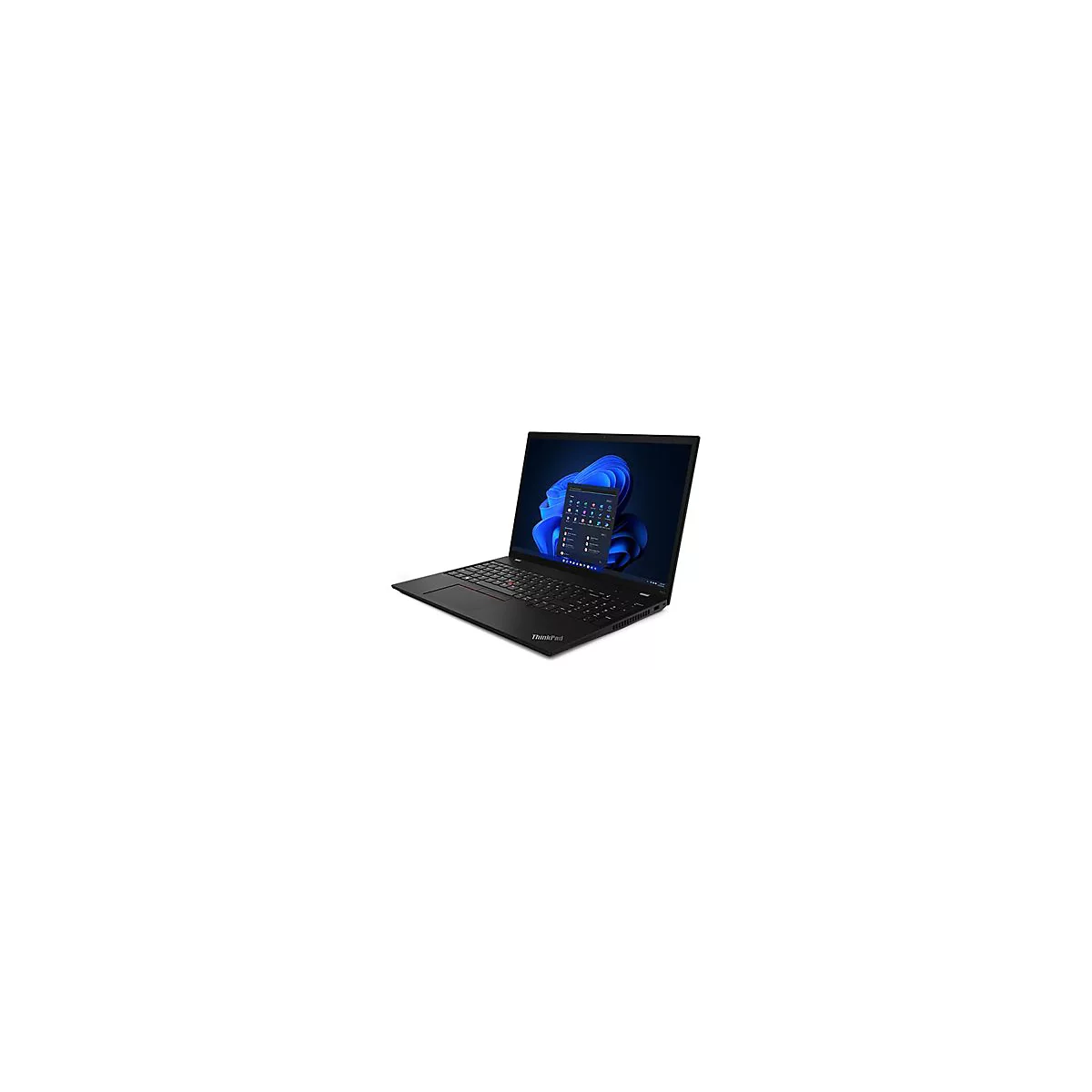 Schwarzes ThinkPad-Laptop mit geÃ¶ffnetem Bildschirm, der Windows 11 mit Apps zeigt.