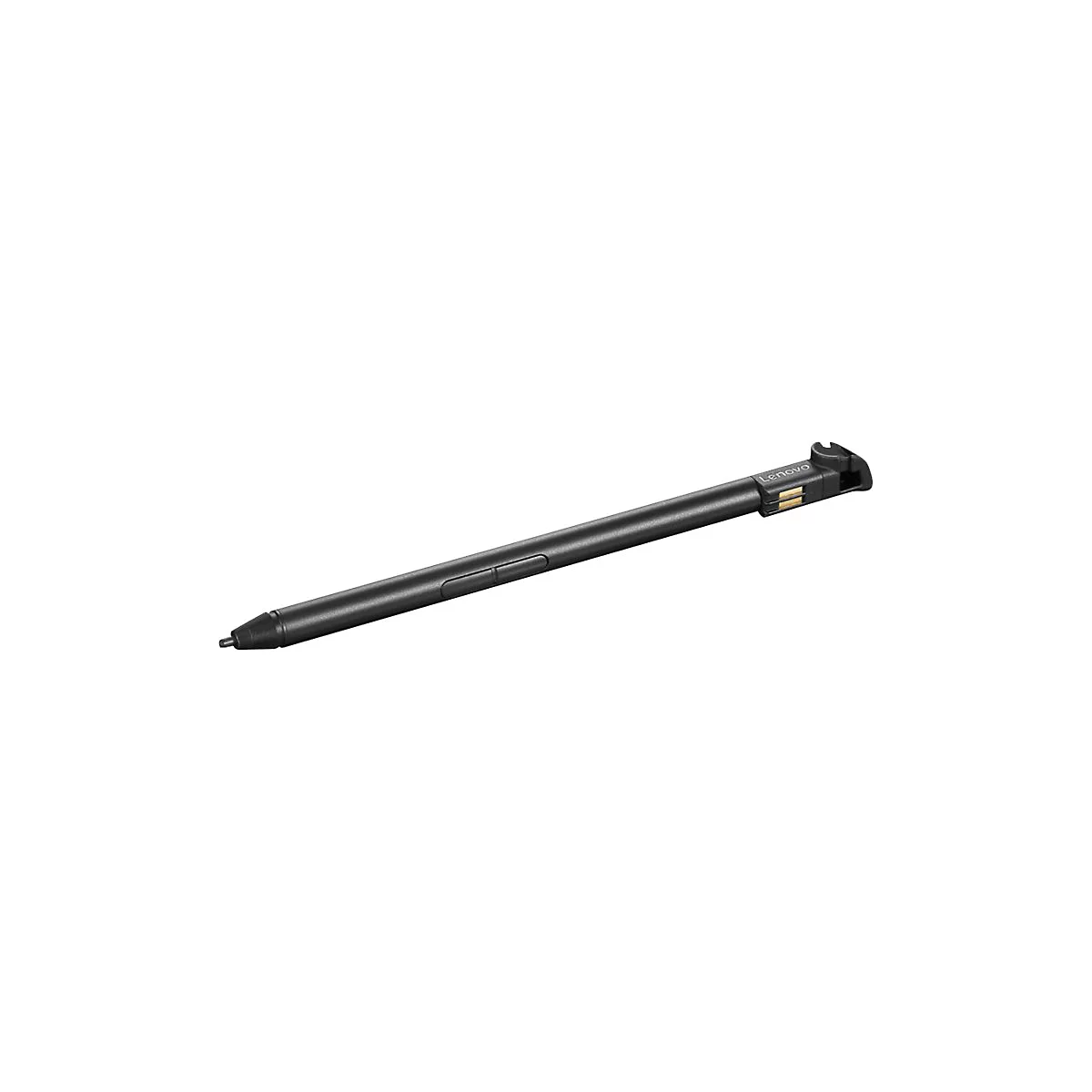 Schwarzer Lenovo-Stylus-Stift, liegt diagonal auf weißem Hintergrund. Mit Logo und Knöpfen.