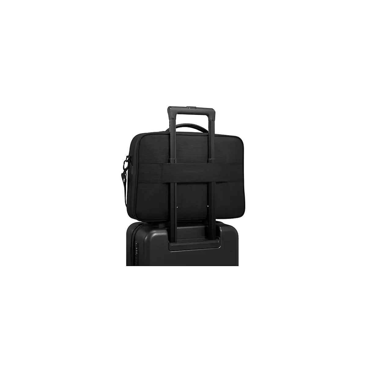 Mallette noire sur une valise noire avec une poignée rétractable.