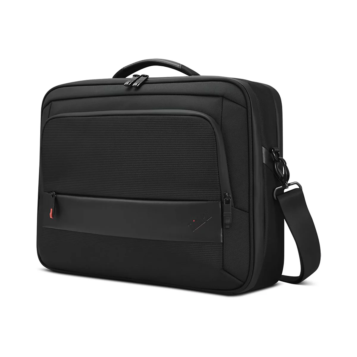 Schwarze Laptoptasche mit Tragegriff, Schultergurt und Reißverschlüssen, Thinkpad-Logo.