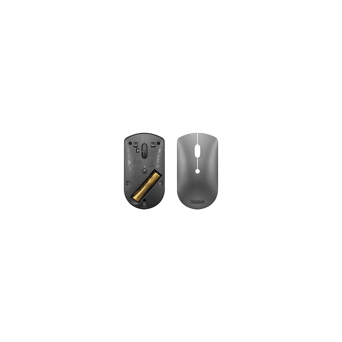 Ansicht von Unter- und Oberseite einer grauen ThinkBook-Maus. Auf der Unterseite befinden sich eine Batterie und technische Details, auf der Oberseite ein weiÃŸes Loch.