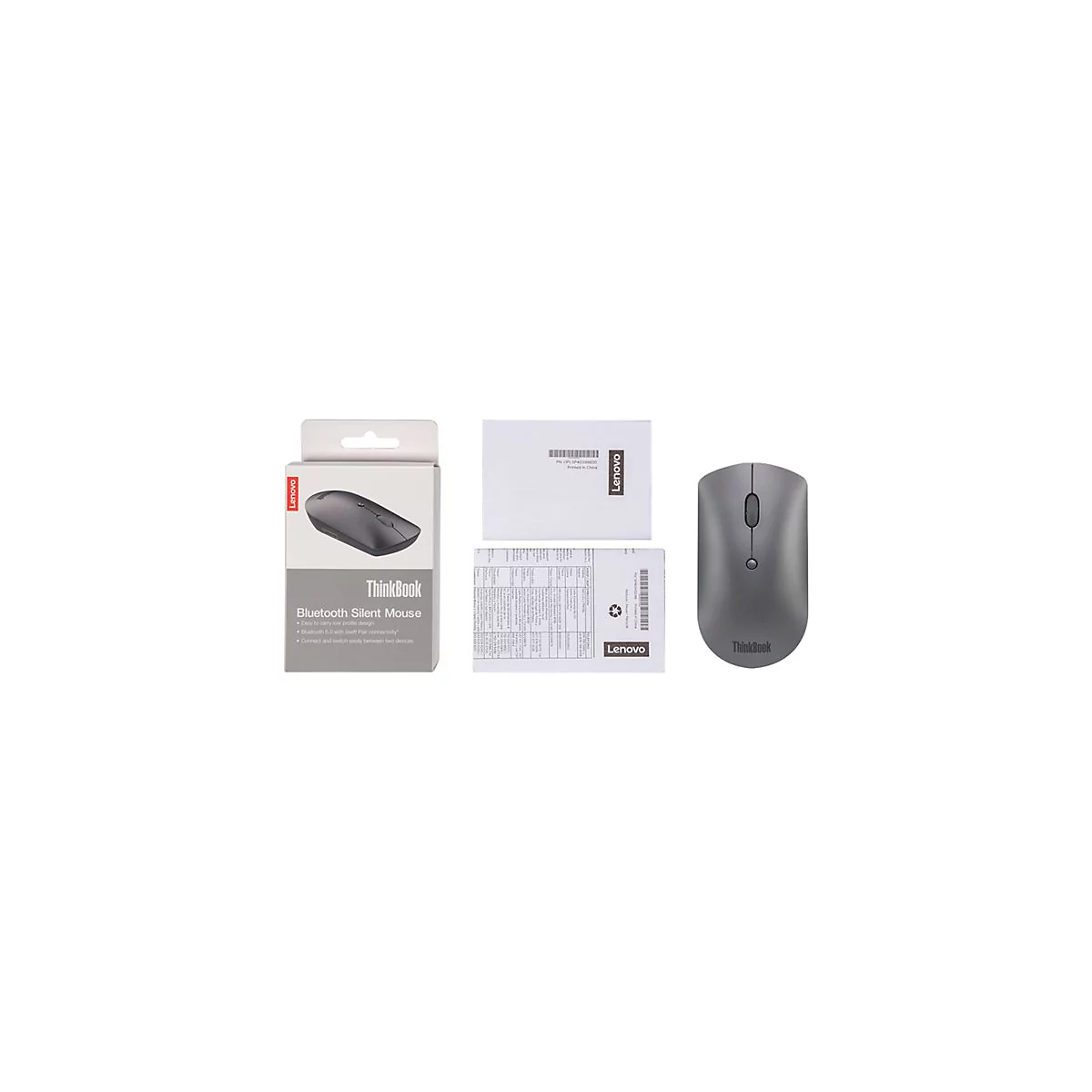 Graue Lenovo ThinkBook Bluetooth Silent Mouse, Box und Dokumente auf weiÃŸem Grund.