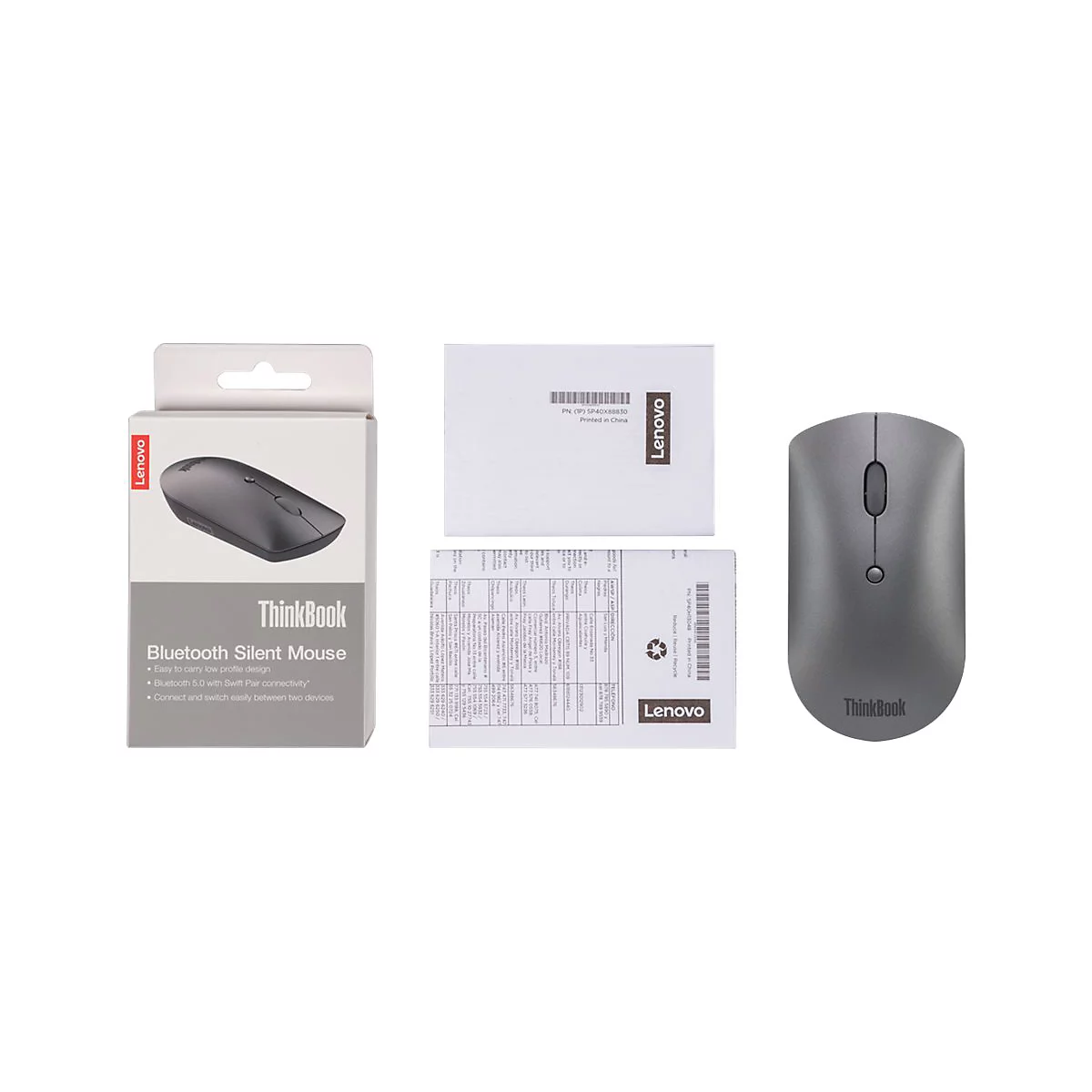 Graue Lenovo ThinkBook Bluetooth-Maus mit Zubehör auf weißem Hintergrund.
