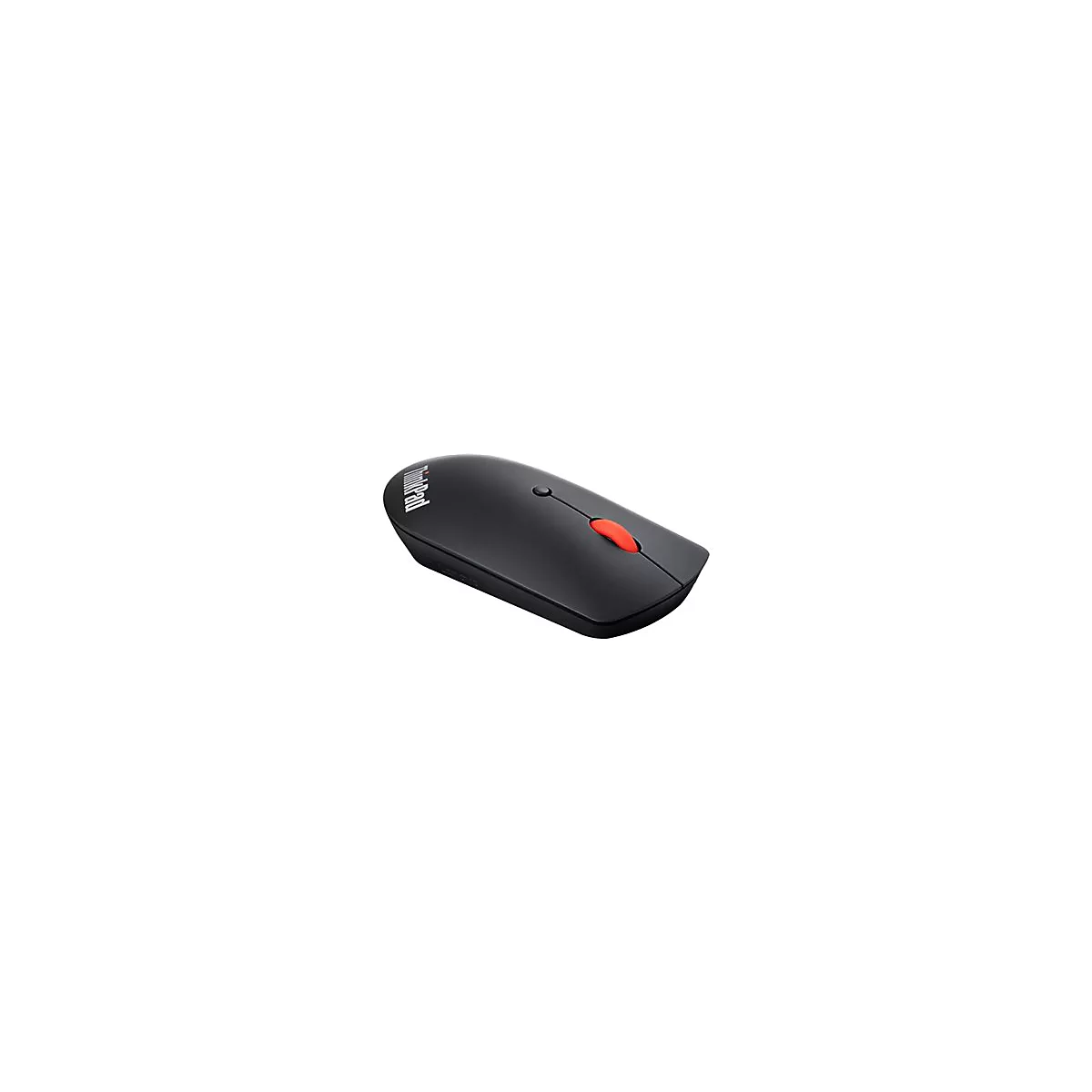 Schwarze kabellose ThinkPad-Maus mit auffälligem roten Scrollrad vor weißem Hintergrund.