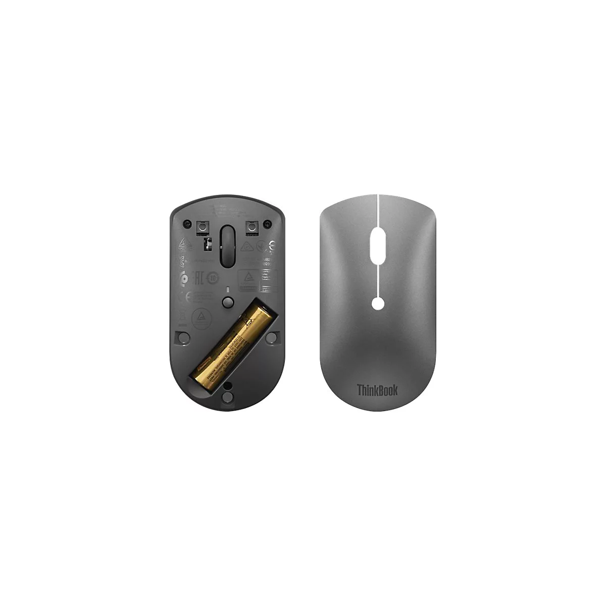 Draufsicht und Unterseite einer grauen ThinkBook-Funkmaus mit eingelegter AA-Batterie.