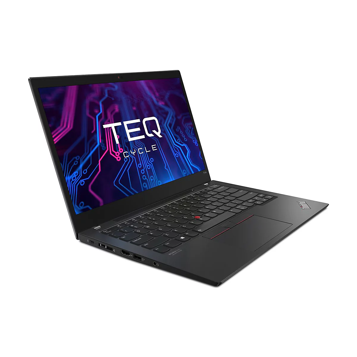 Schwarzer Laptop mit geöffnetem Bildschirm, zeigt das Logo 'TEQ CYCLE' auf einem Muster von blauen und rosa Linien. Die Tastatur ist deutlich sichtbar.