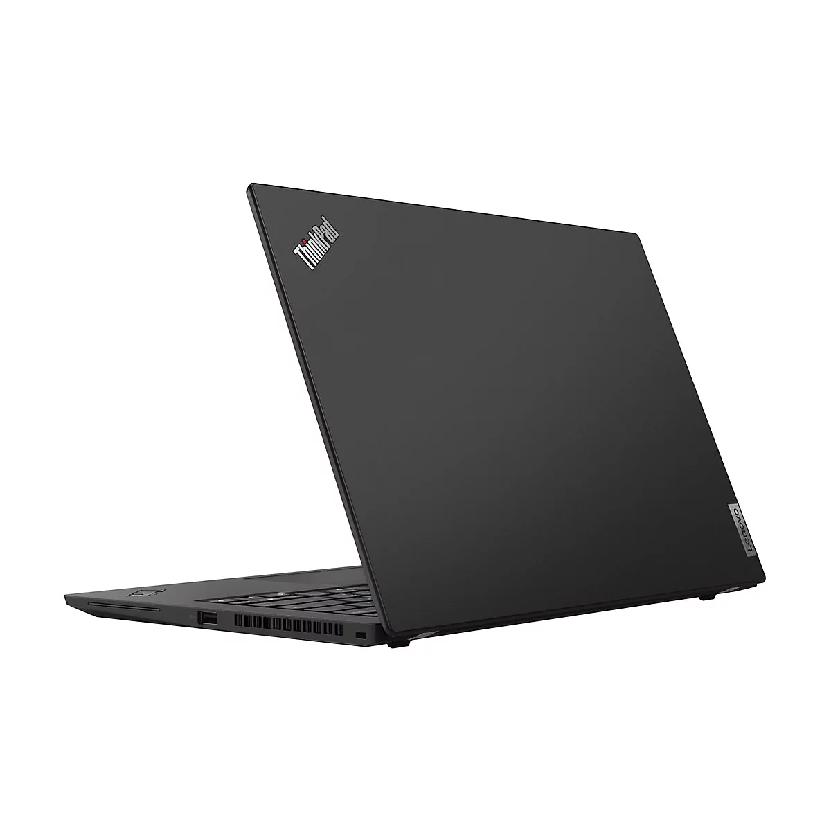 Schwarzes Lenovo ThinkPad-Laptop, leicht geöffnet. Auf dem Deckel steht "ThinkPad".