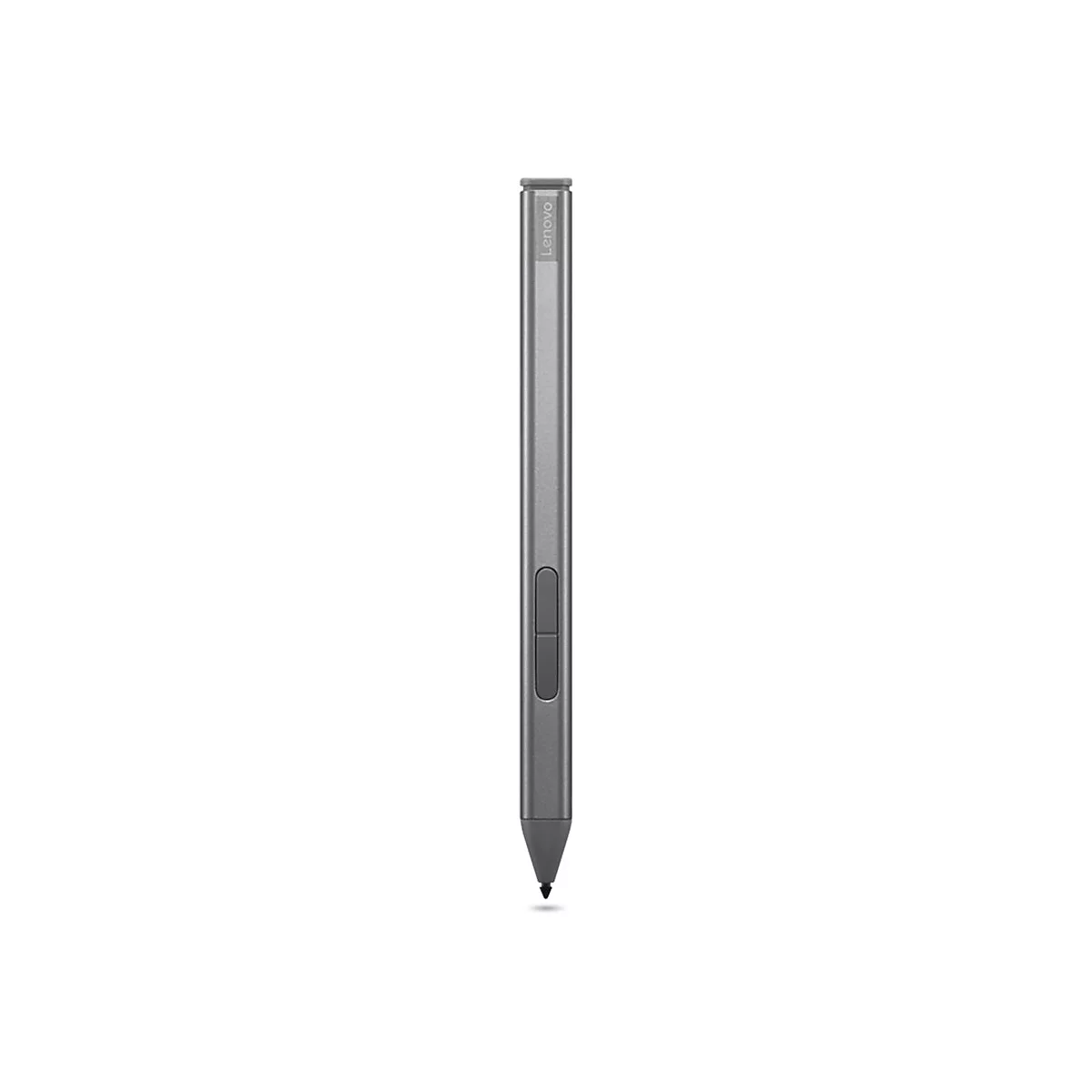 Stylo Lenovo gris, vertical. Un bouton est visible sur le stylo.