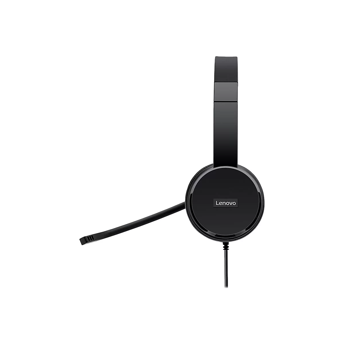 Casque Lenovo noir avec microphone sur fond blanc.