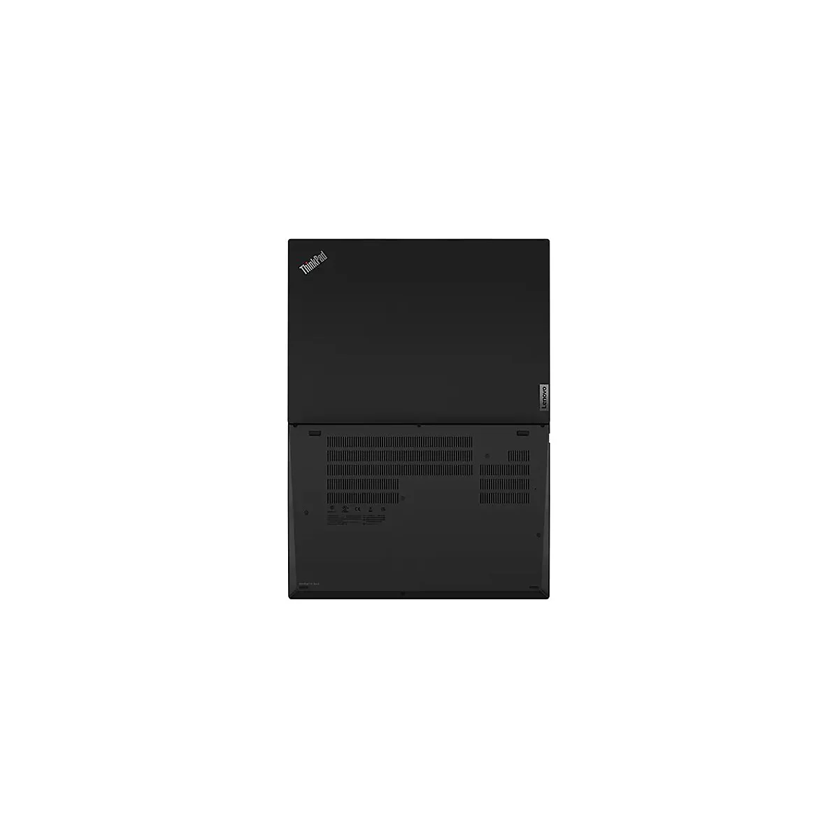 Draufsicht auf einen schwarzen Laptop. Oben links steht Thinkpad, rechts Lenovo.