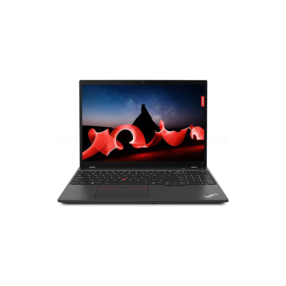Schwarzer Laptop Thinkpad. Der Bildschirm zeigt rote Lichtspuren vor einer bergigen Landschaft. Lenovo-Logo.