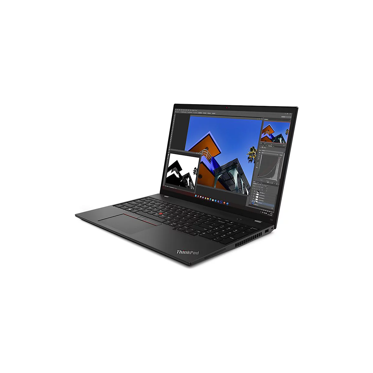 Schwarzes ThinkPad-Laptop mit geÃ¶ffnetem Bildschirm, auf dem eine Bildbearbeitungssoftware lÃ¤uft. Der Laptop steht auf weiÃŸem Hintergrund.