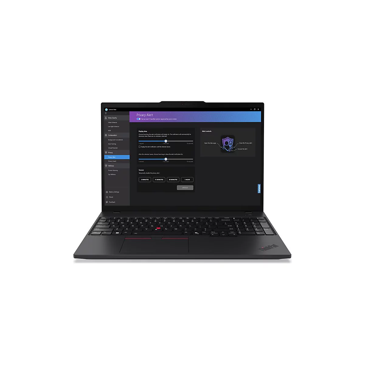 Schwarzes Thinkpad Laptop mit geÃ¶ffnetem Bildschirm. Auf dem Display werden Datenschutzeinstellungen angezeigt.