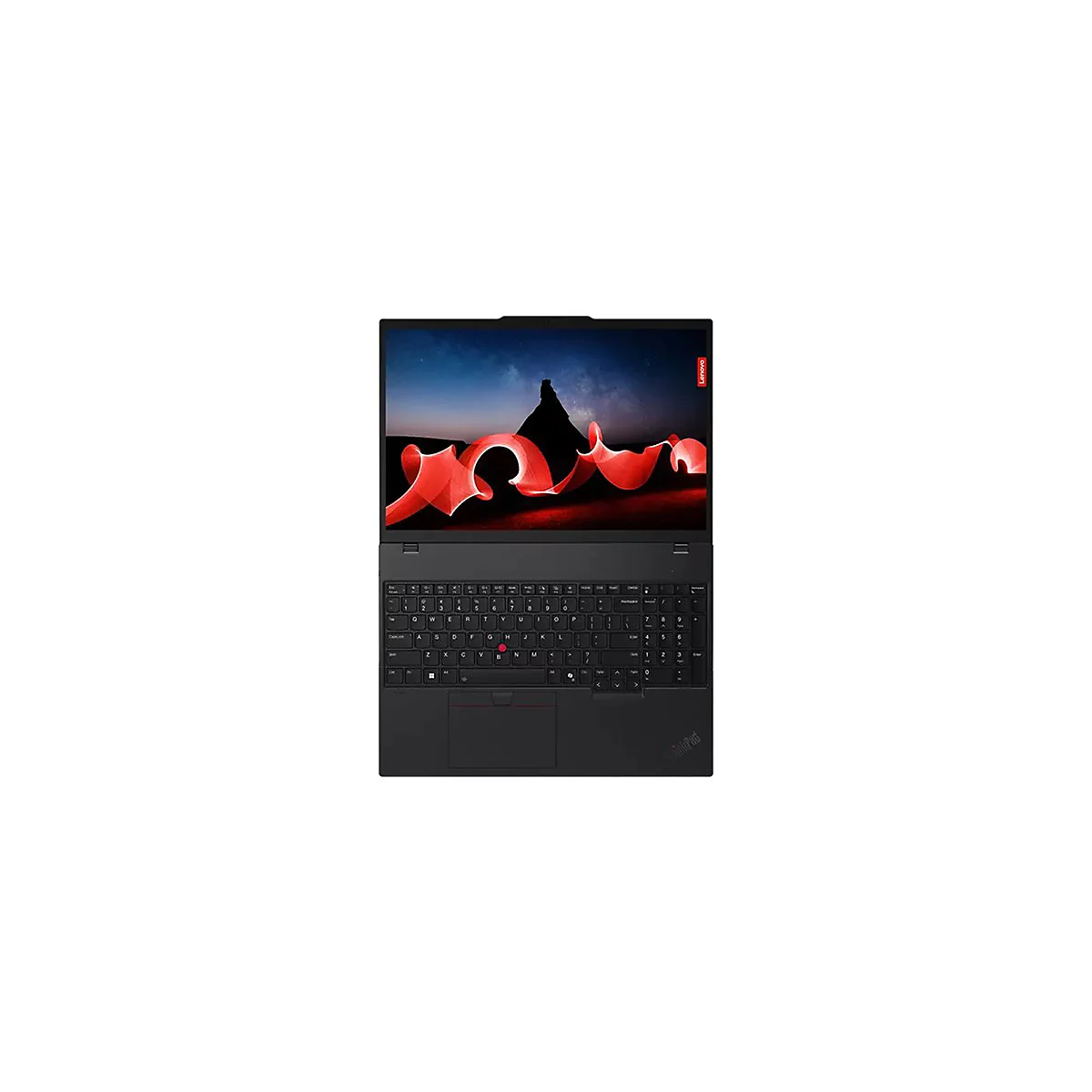 Draufsicht auf einen schwarzen Laptop mit geÃ¶ffnetem Bildschirm. Auf dem Bildschirm ein abstraktes rotes Design vor einem dunklen Hintergrund.