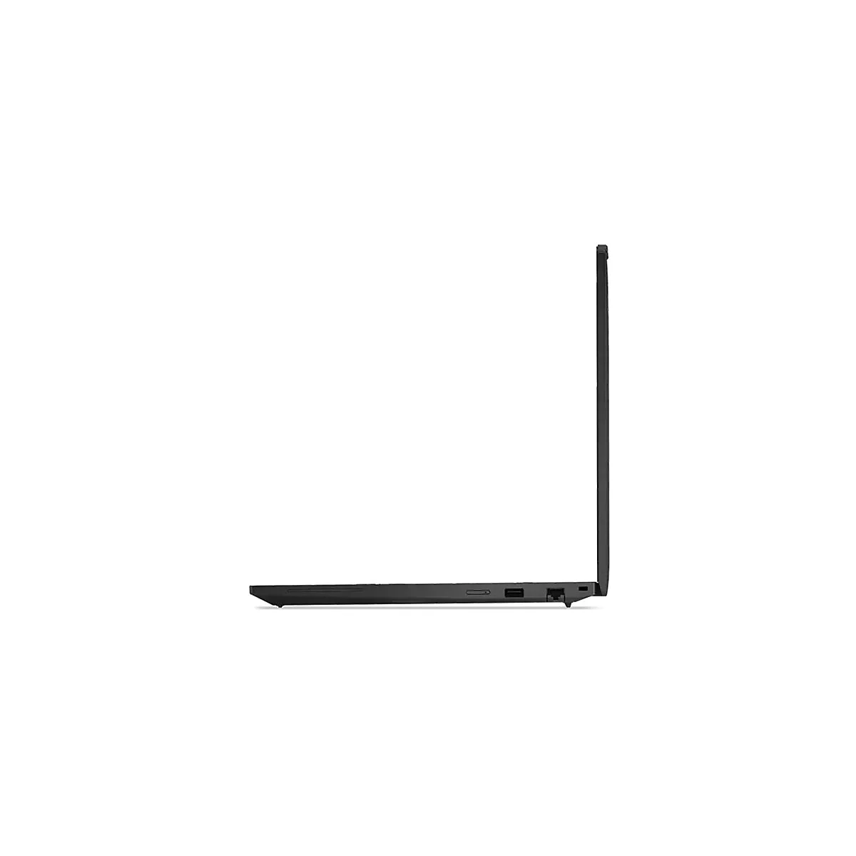 Ein schwarzes Laptop-Seitenprofil, geÃ¶ffnet. AnschlÃ¼sse sichtbar.