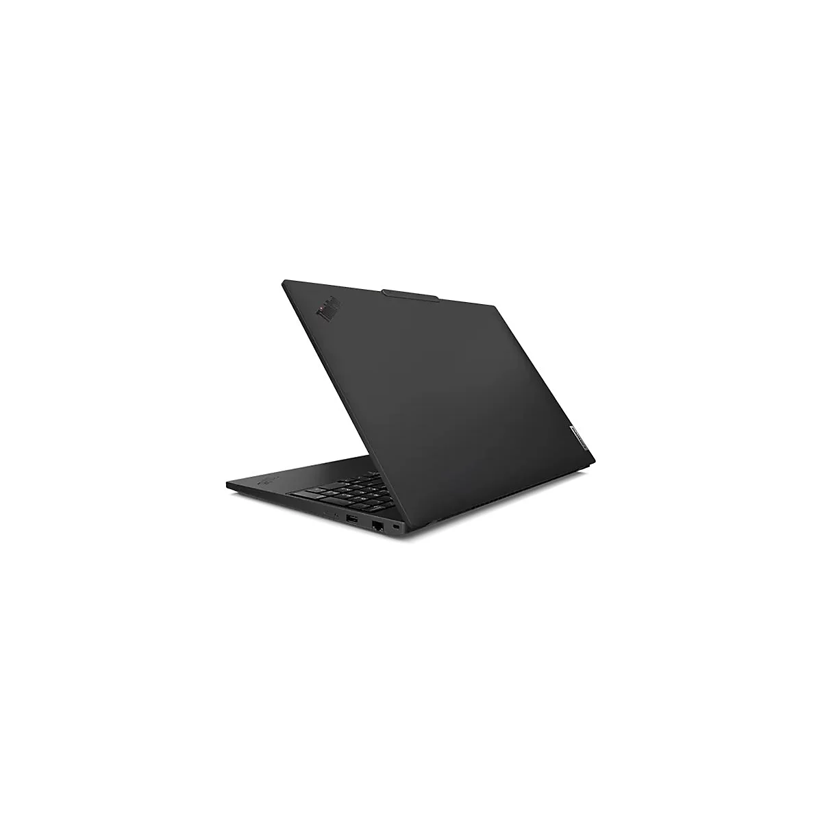 Schwarzer Laptop, leicht geÃ¶ffnet, von hinten links aufgenommen, mit Thinkpad Logo.