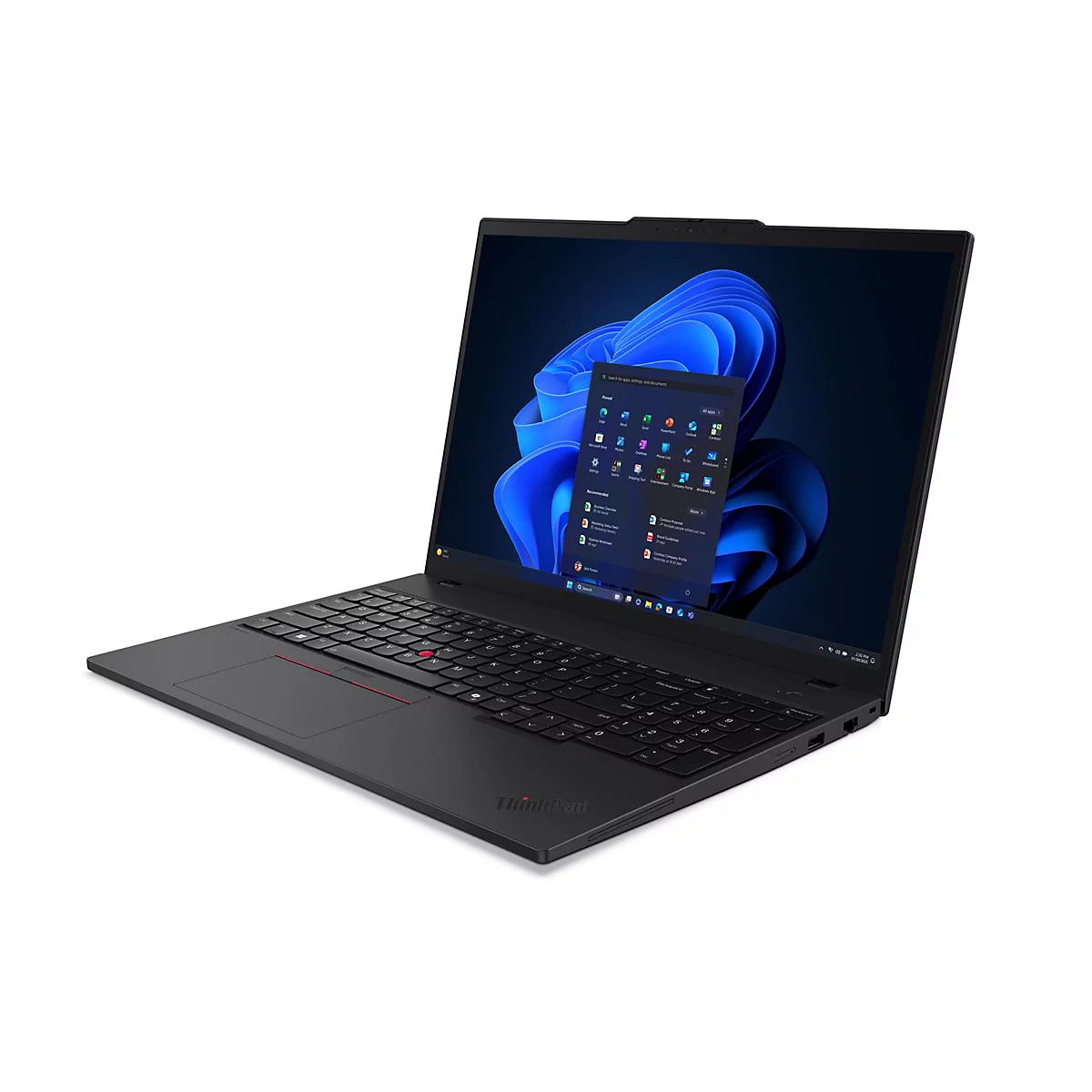 Ein schwarzes ThinkPad-Laptop, halb geöffnet auf weißem Hintergrund. Auf dem Bildschirm ist der Windows-Desktop zu sehen.