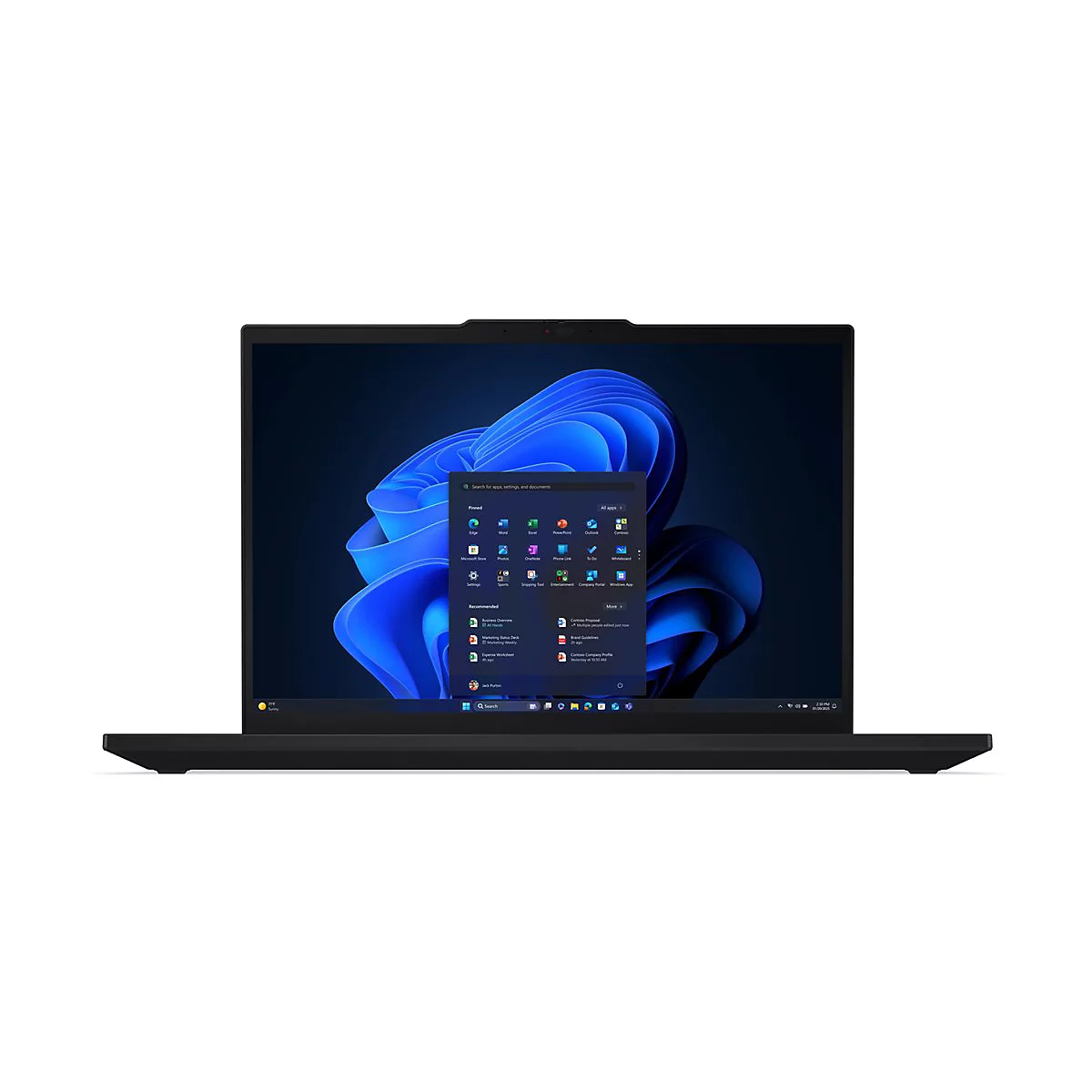 Schwarzes Notebook mit Windows-Startbildschirm, blauem Hintergrund. Das Notebook ist geöffnet, die Kamera oben.