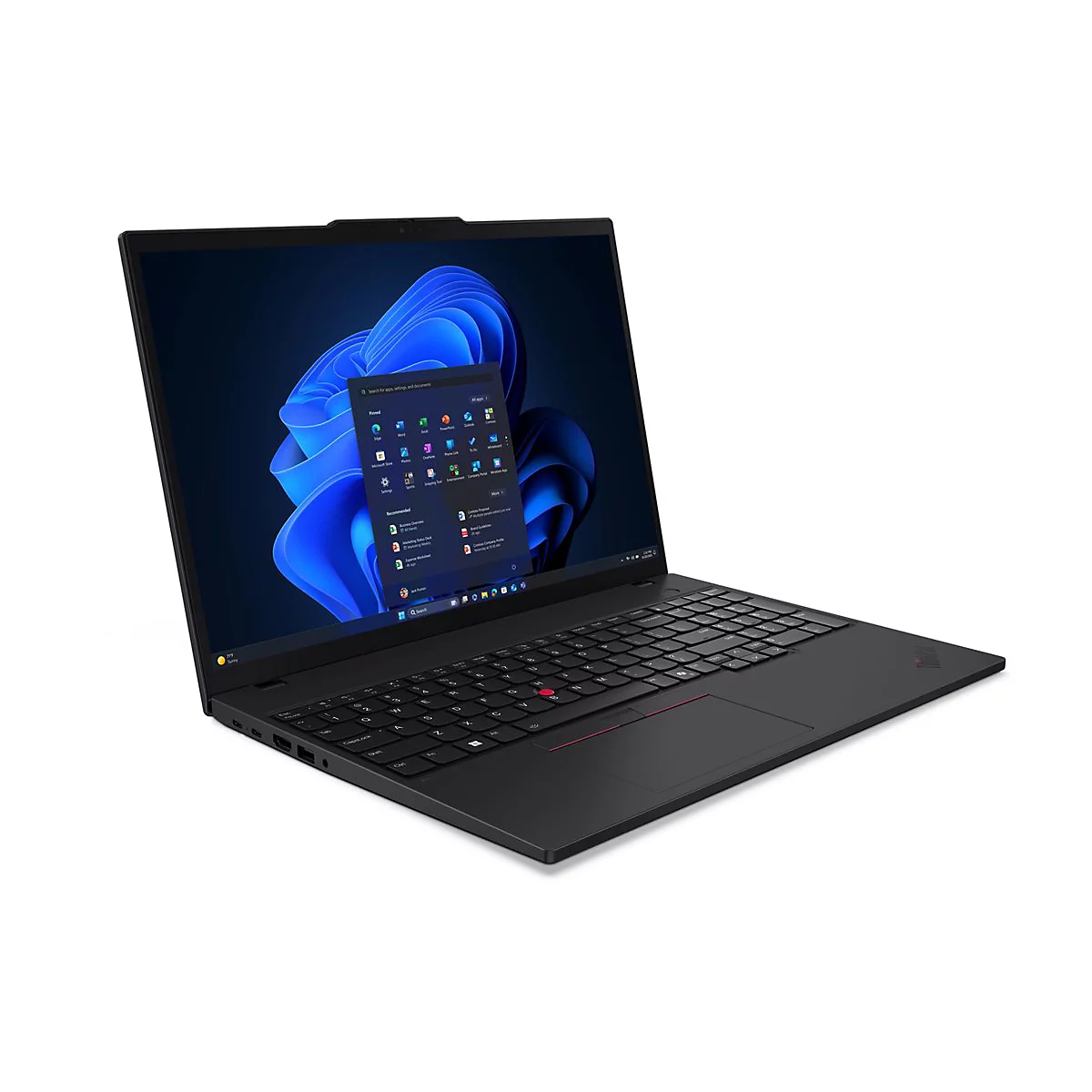 Schwarzes Laptop mit geöffnetem Bildschirm, Windows-Oberfläche. Auf dem Display sind Apps zu sehen, sowie das Thinkpad Logo.