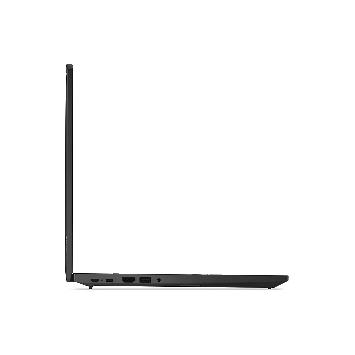 Draufsicht eines schwarzen Laptops, der von der Seite betrachtet wird. Auf weißem Hintergrund.