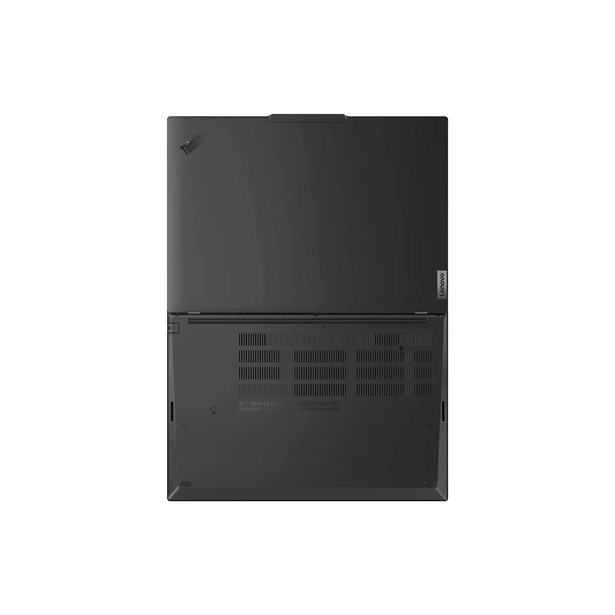 Draufsicht auf ein schwarzes Lenovo ThinkPad-Notebook. Oben links ist das ThinkPad-Logo zu sehen, oben rechts das Lenovo-Logo.