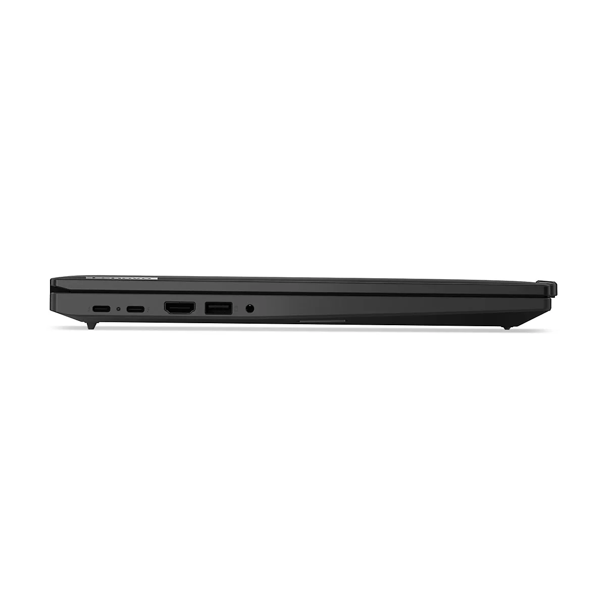 Schwarzes Laptop Seitenprofil. Mehrere Anschlüsse sichtbar, wie USB-C, HDMI und USB.