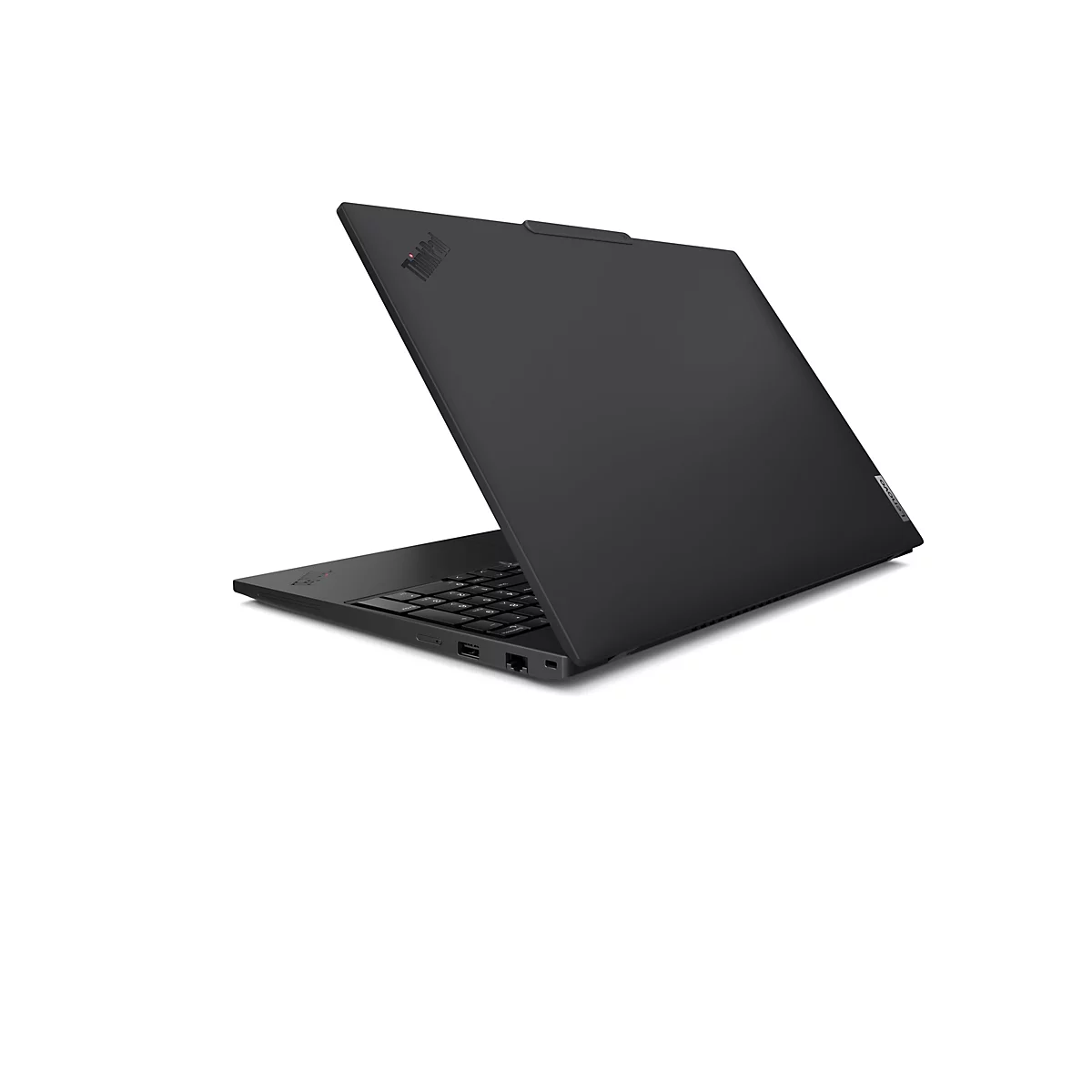 Schwarzes Laptop mit geöffnetem Deckel, Tastatur und Lenovo Logo. Thinkpad Logo ist sichtbar.