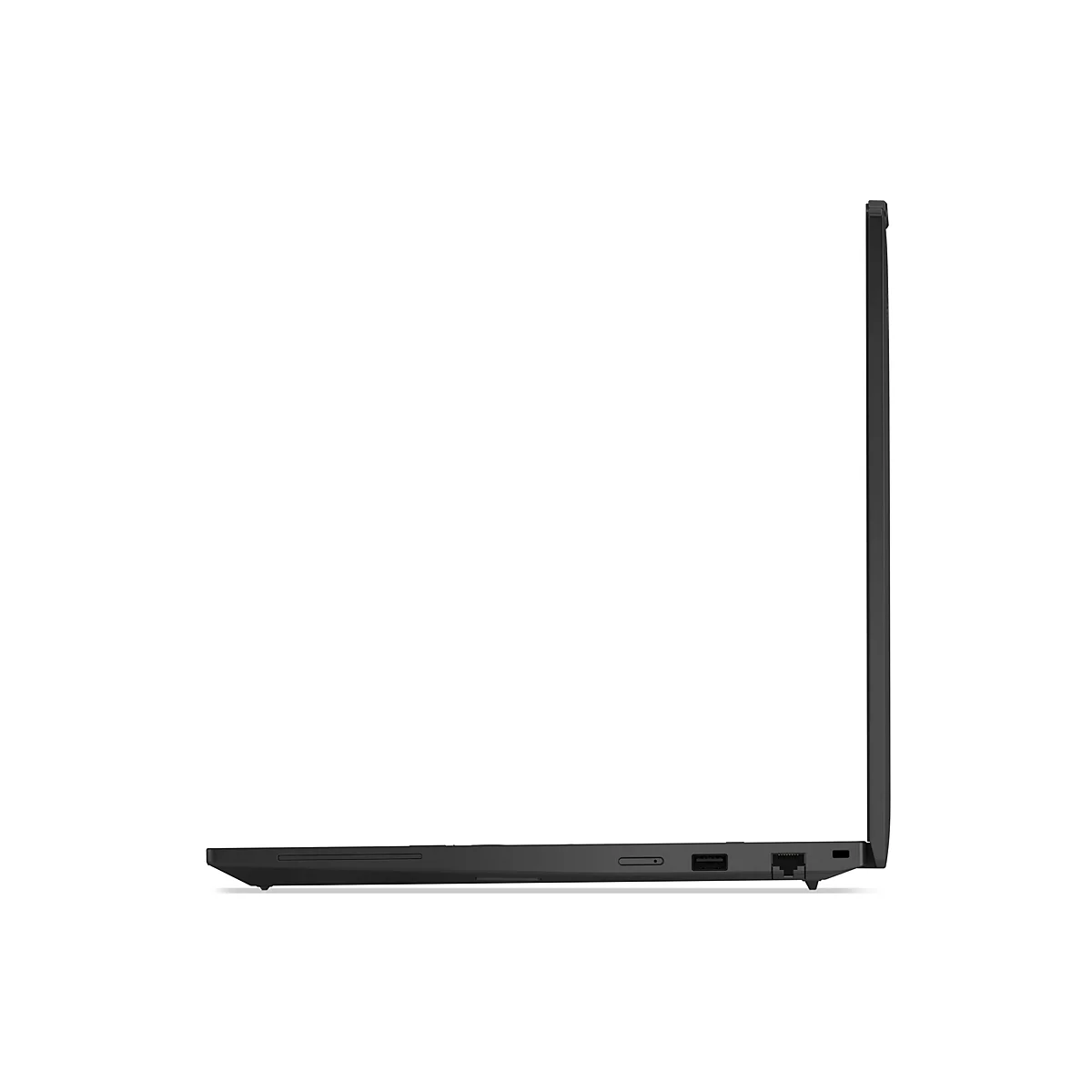 Seitenansicht eines schwarzen Laptops. Man sieht die geschlossene Bildschirmseite, die Kante des Gehäuses und die Anschlüsse.