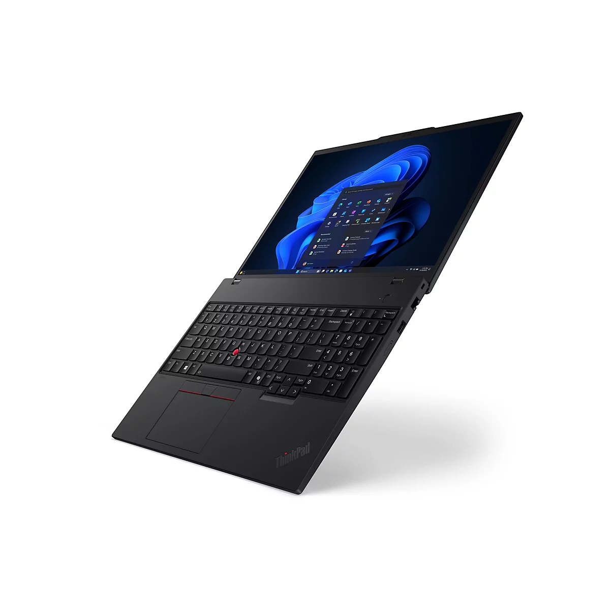 Schwarzes ThinkPad Laptop, leicht schräg gestellt, mit geöffnetem Bildschirm, der eine Windows-Oberfläche zeigt.