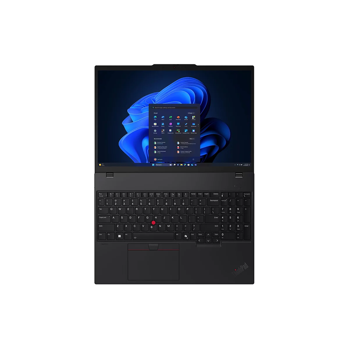 Schwarzes ThinkPad Laptop von oben gesehen, Windows 11 Oberfläche, Tastatur und roter TrackPoint.