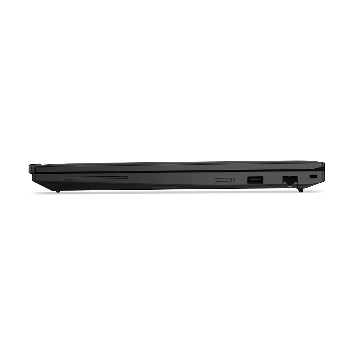 Schwarzes Laptop im Profil, der Rand ist sichtbar, mit Anschlüssen. Deutliche Linienführung.