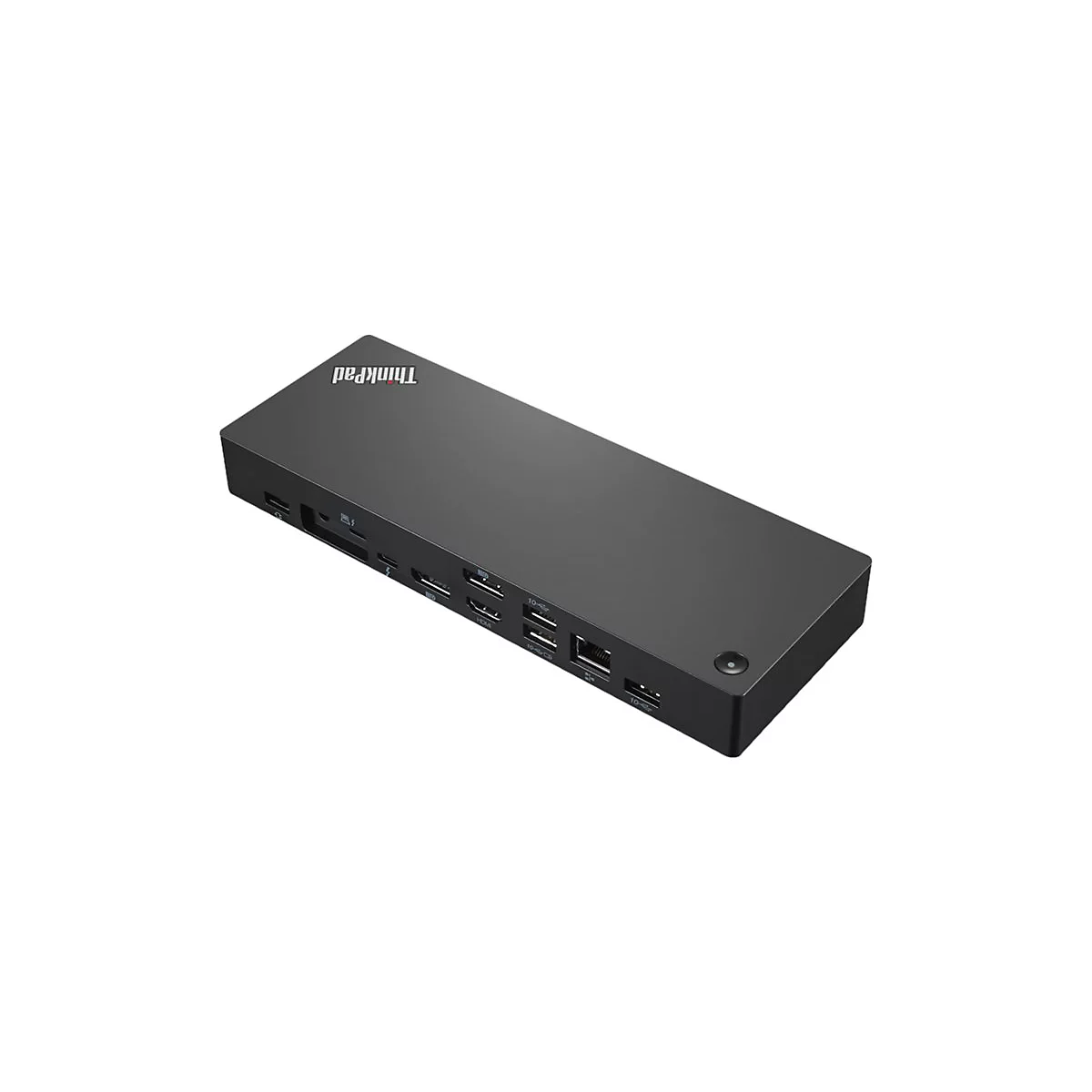 Station d'accueil Thinkpad noire, inclinÃ©e sur le cÃ´tÃ©, avec de nombreux ports.