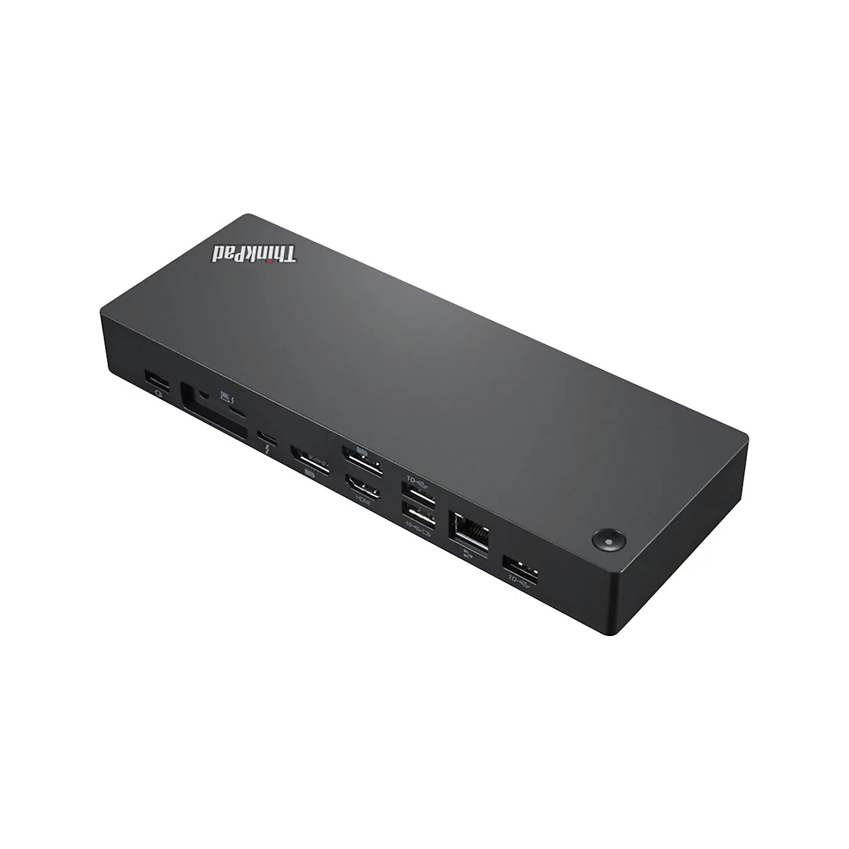 Schwarze Lenovo ThinkPad Dockingstation mit vielfÃ¤ltigen AnschlÃ¼ssen. Oben steht ThinkPad.